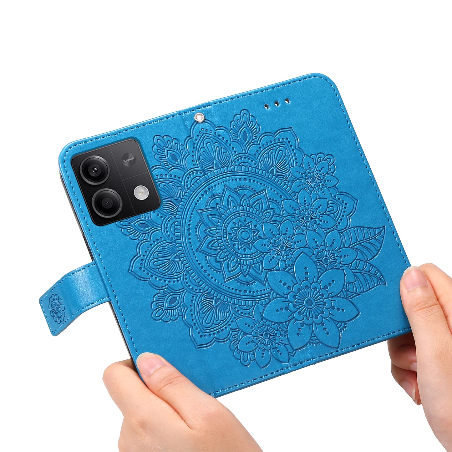 For Xiaomi Redmi Note 13 5G Case Leather Wallet Stand Cover, Blossoming Flower Printing - Blue