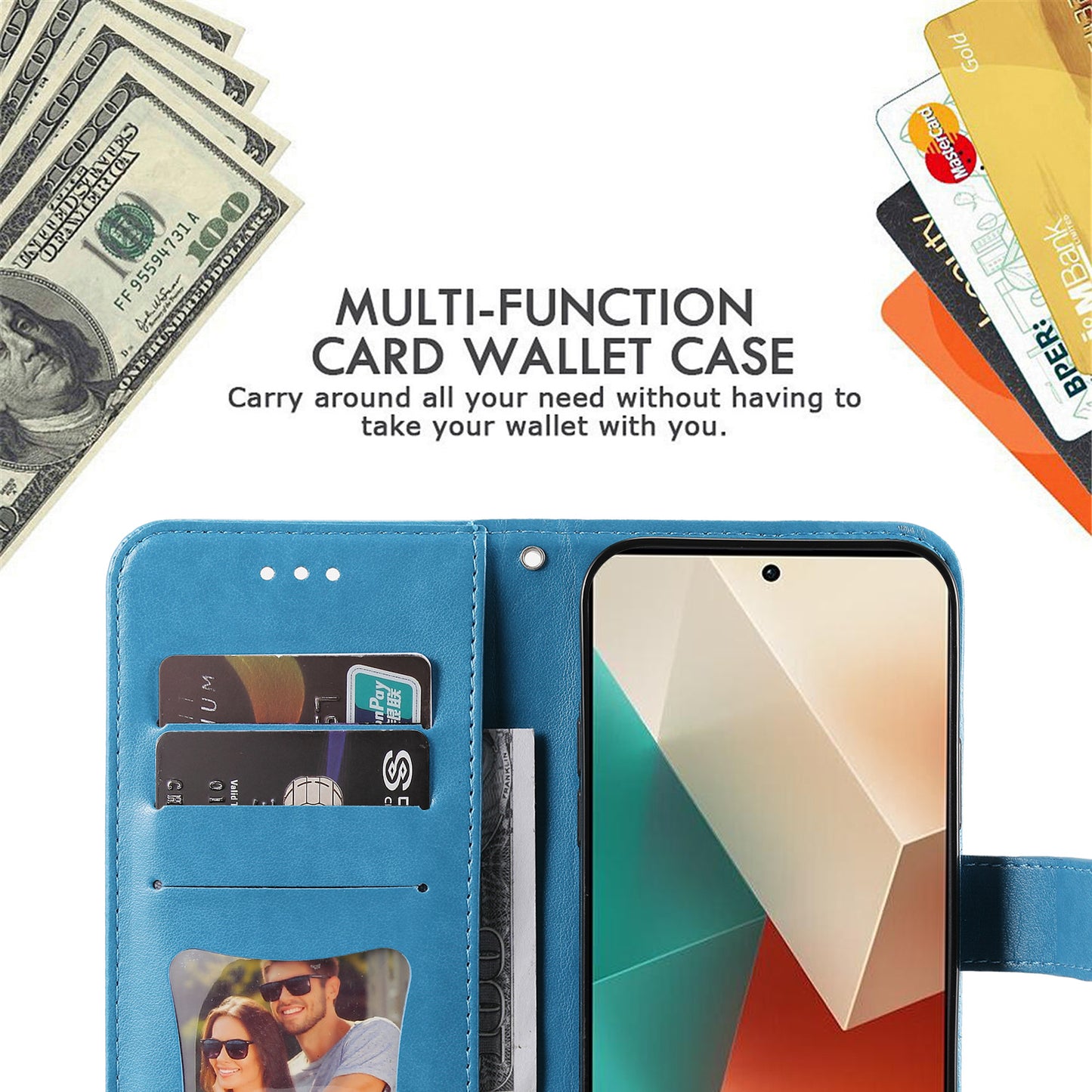 For Xiaomi Redmi Note 13 5G Case Leather Wallet Stand Cover, Blossoming Flower Printing - Blue
