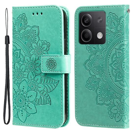 For Xiaomi Redmi Note 13 5G Case Leather Wallet Stand Cover, Blossoming Flower Printing - Green