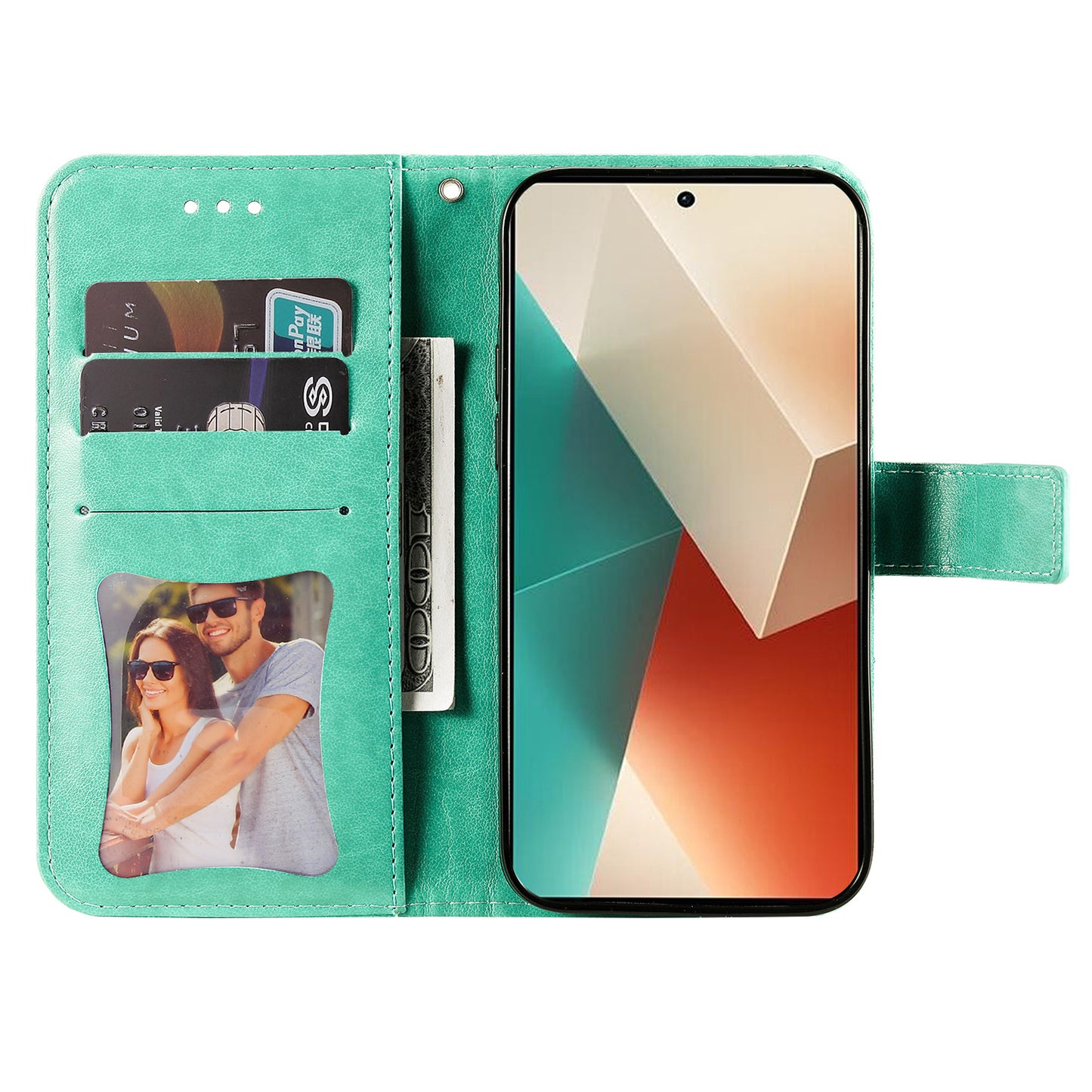 For Xiaomi Redmi Note 13 5G Case Leather Wallet Stand Cover, Blossoming Flower Printing - Green