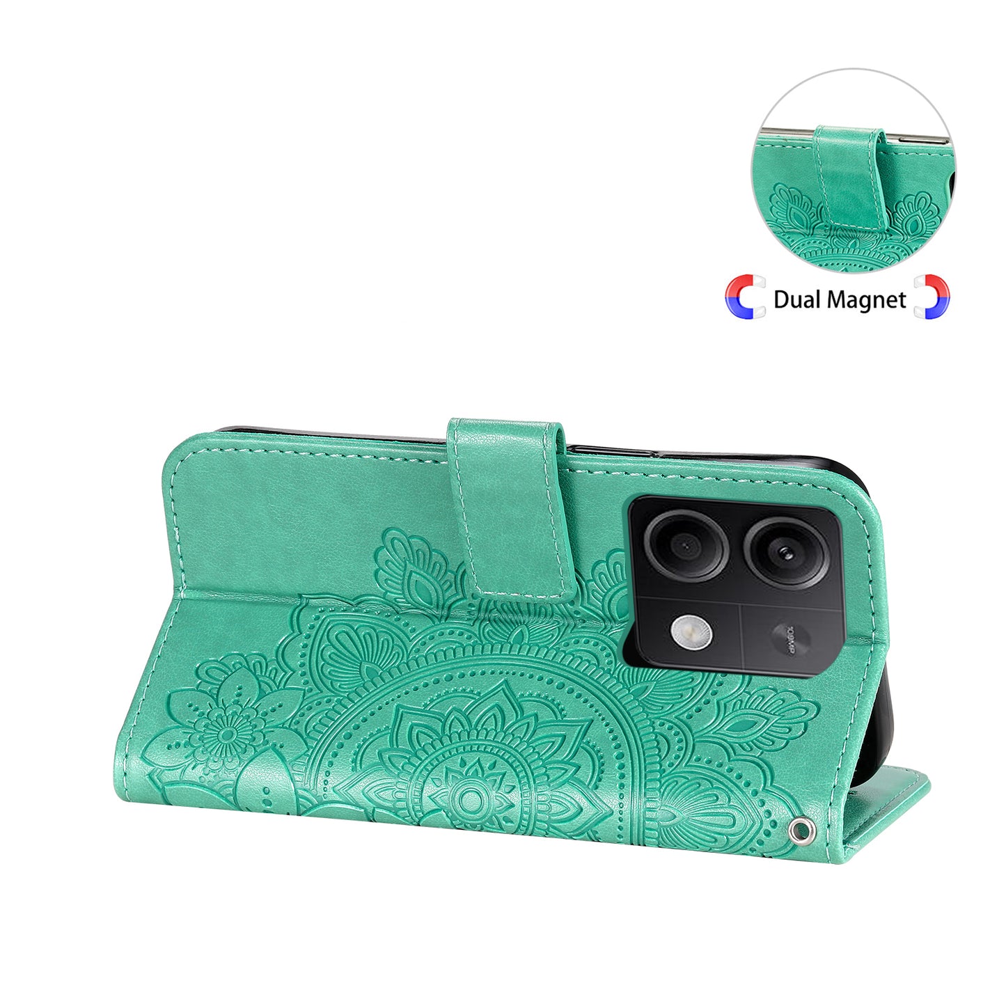 For Xiaomi Redmi Note 13 5G Case Leather Wallet Stand Cover, Blossoming Flower Printing - Green