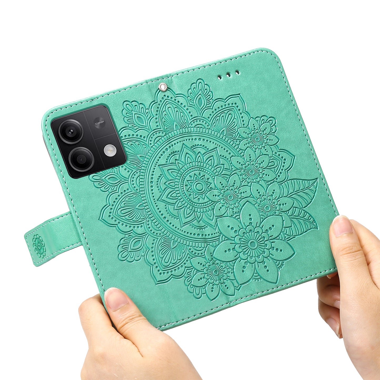 For Xiaomi Redmi Note 13 5G Case Leather Wallet Stand Cover, Blossoming Flower Printing - Green