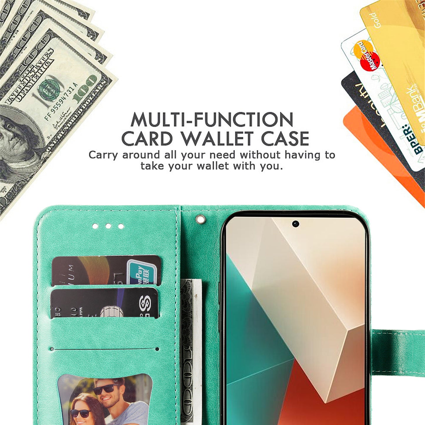 For Xiaomi Redmi Note 13 5G Case Leather Wallet Stand Cover, Blossoming Flower Printing - Green