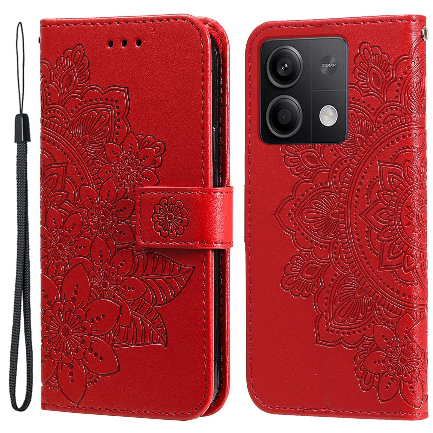 For Xiaomi Redmi Note 13 5G Case Leather Wallet Stand Cover, Blossoming Flower Printing - Red