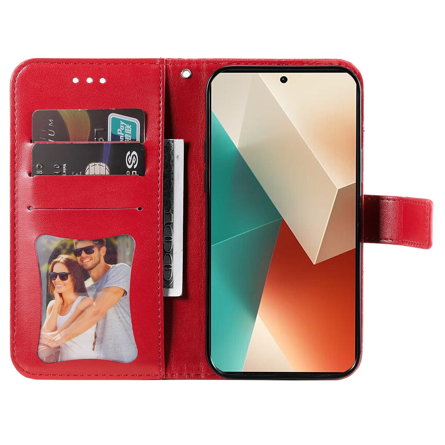 For Xiaomi Redmi Note 13 5G Case Leather Wallet Stand Cover, Blossoming Flower Printing - Red