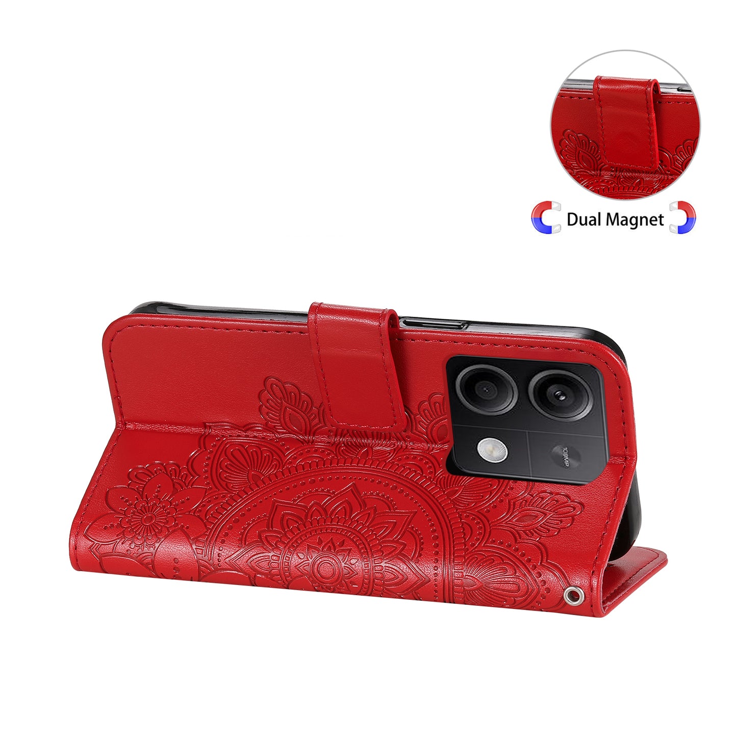 For Xiaomi Redmi Note 13 5G Case Leather Wallet Stand Cover, Blossoming Flower Printing - Red