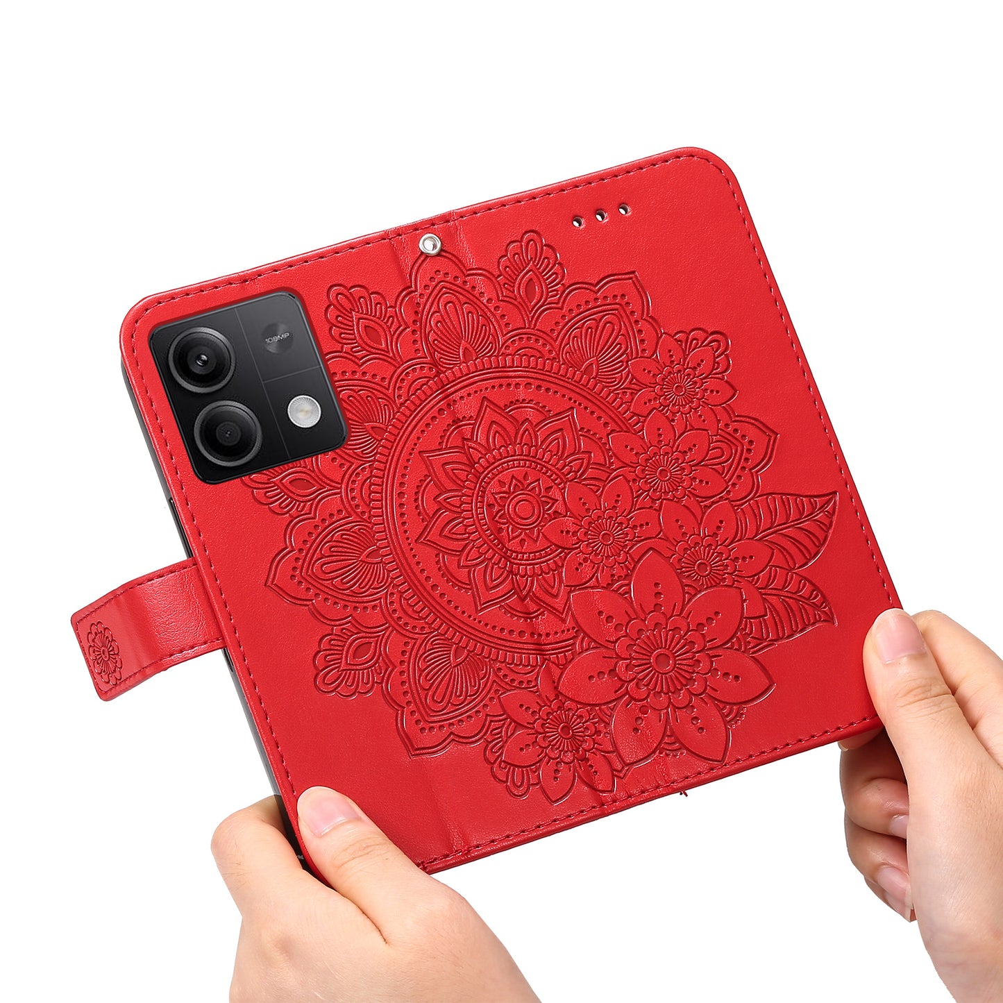For Xiaomi Redmi Note 13 5G Case Leather Wallet Stand Cover, Blossoming Flower Printing - Red