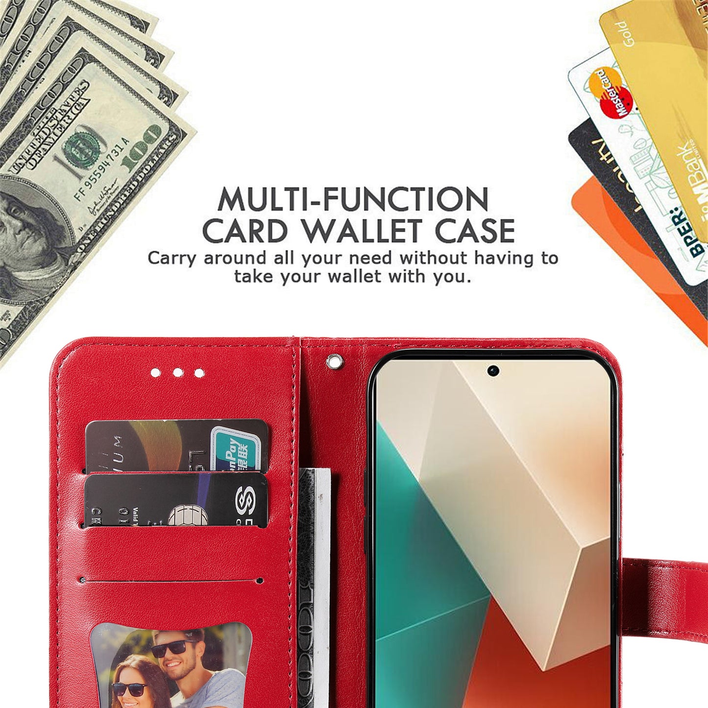 For Xiaomi Redmi Note 13 5G Case Leather Wallet Stand Cover, Blossoming Flower Printing - Red
