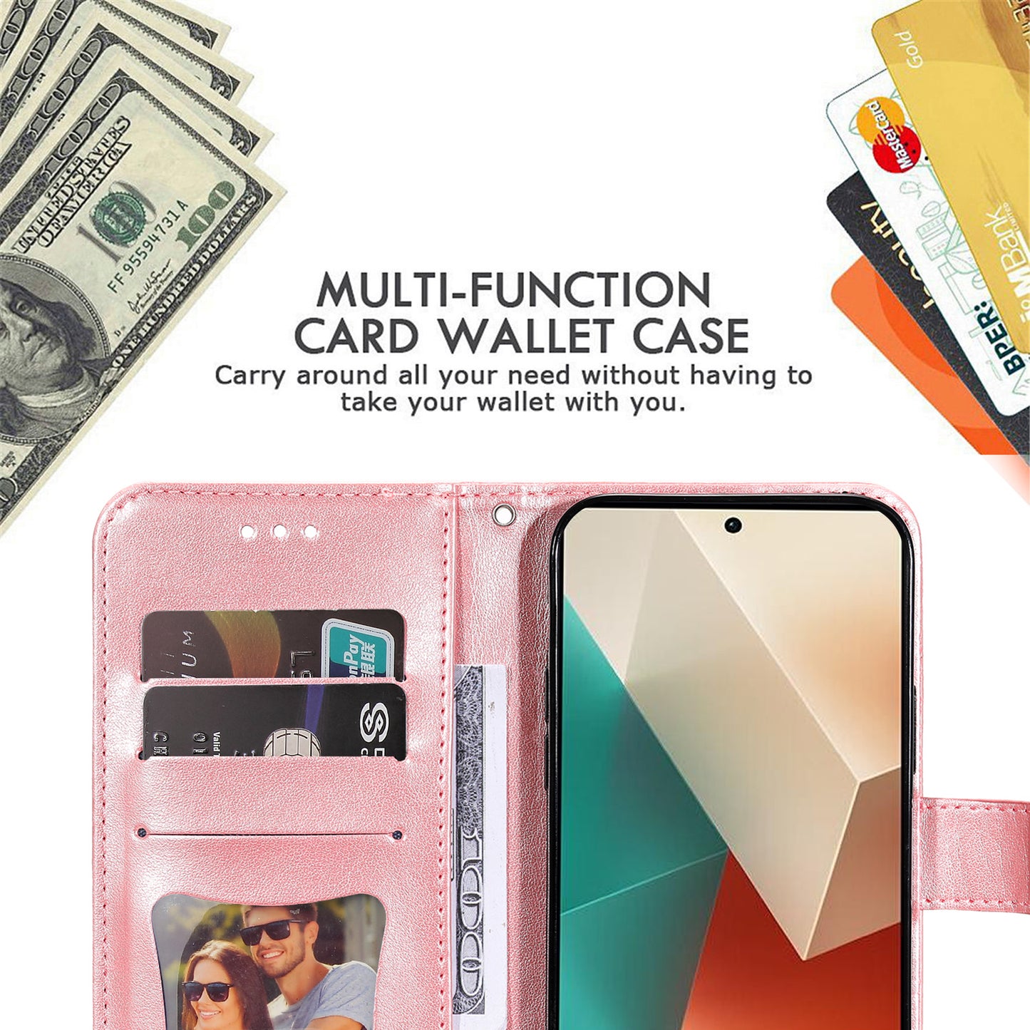 For Xiaomi Redmi Note 13 5G Case Leather Wallet Stand Cover, Blossoming Flower Printing - Pink