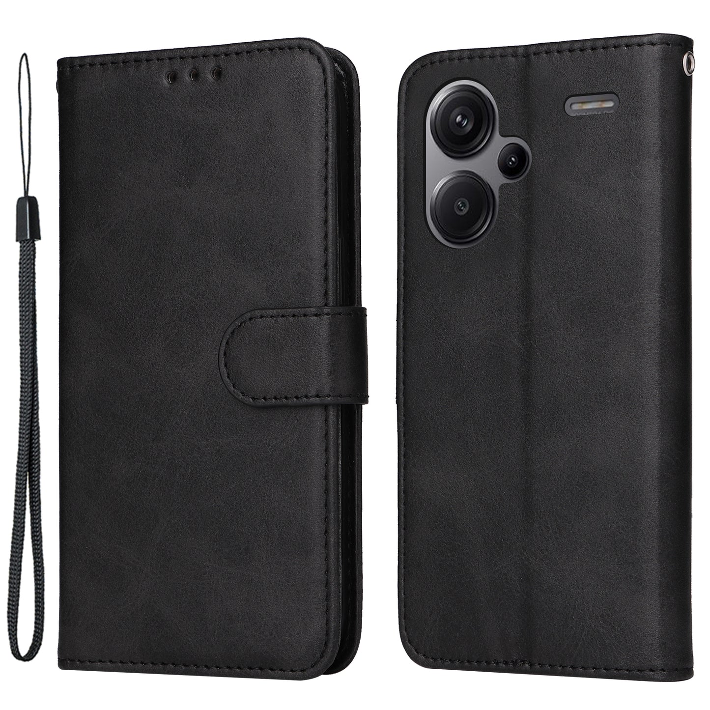 For Xiaomi Redmi Note 13 Pro+ 5G Leather Case Stand Cover Card Holder with Strap - Black