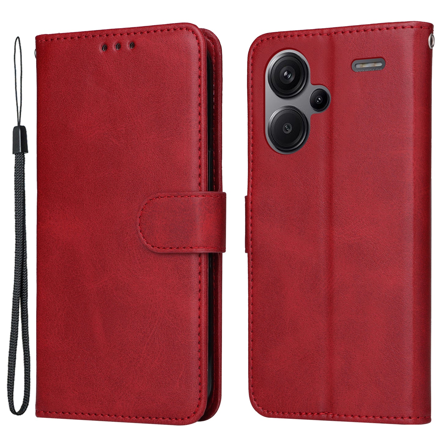 For Xiaomi Redmi Note 13 Pro+ 5G Leather Case Stand Cover Card Holder with Strap - Red