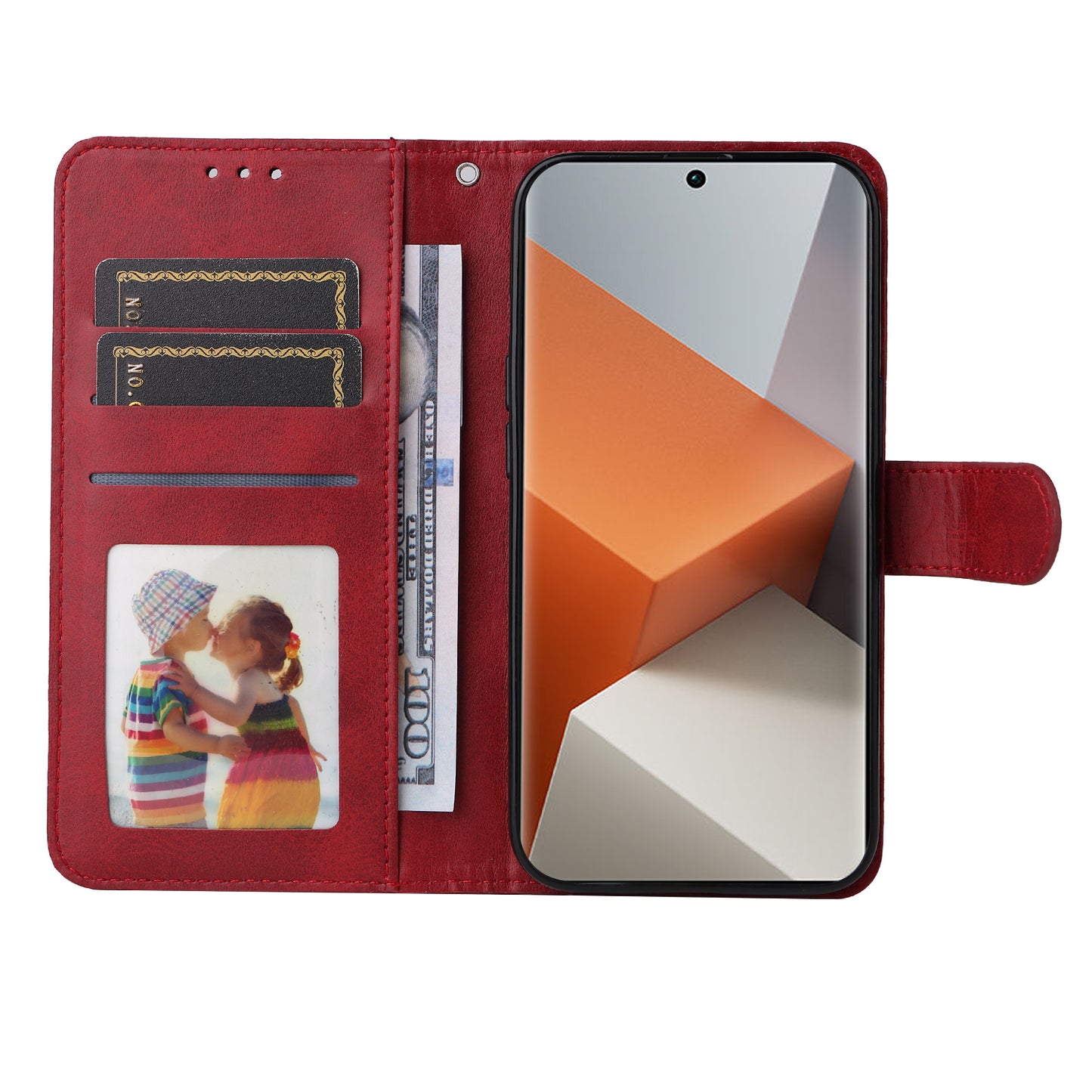 For Xiaomi Redmi Note 13 Pro+ 5G Leather Case Stand Cover Card Holder with Strap - Red