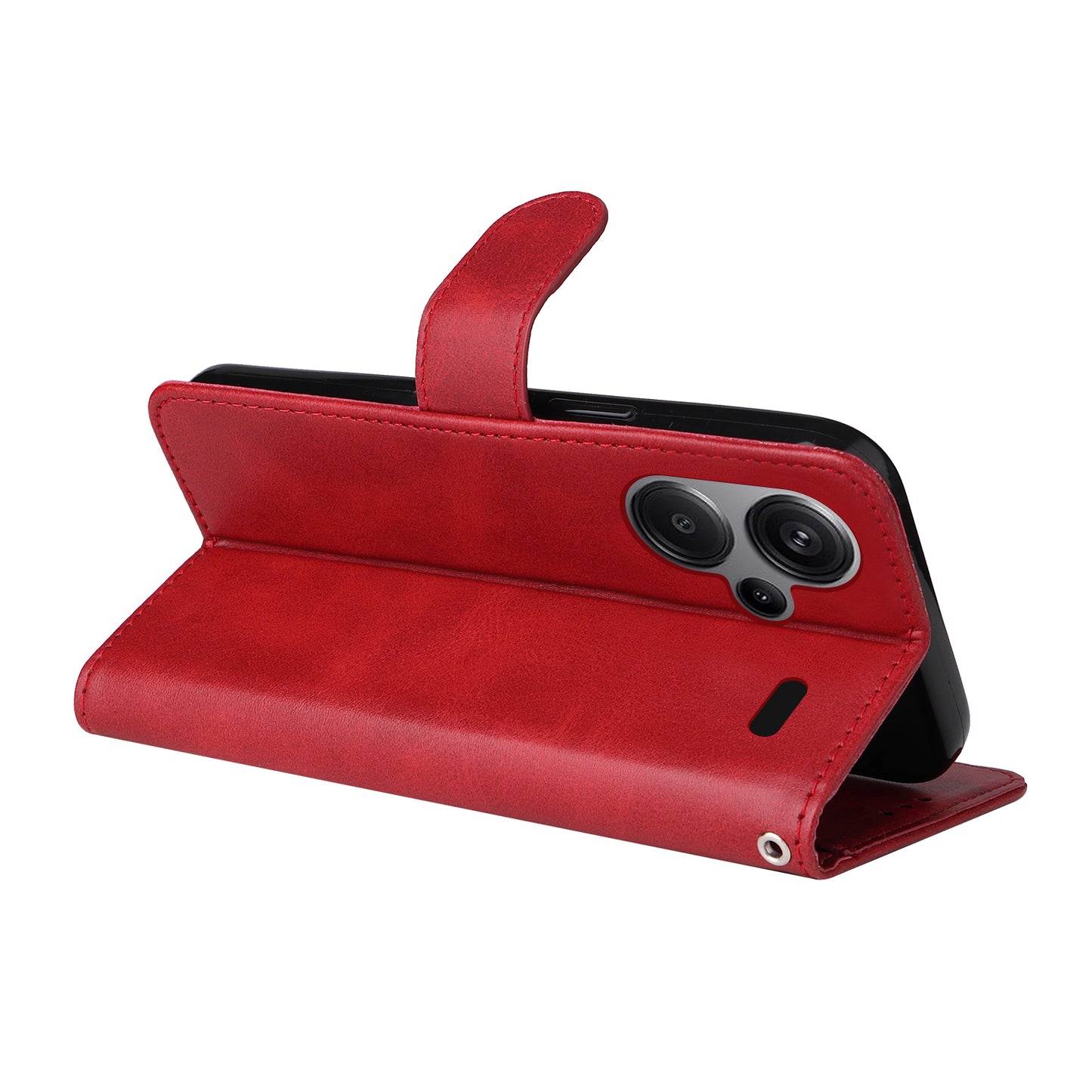 For Xiaomi Redmi Note 13 Pro+ 5G Leather Case Stand Cover Card Holder with Strap - Red