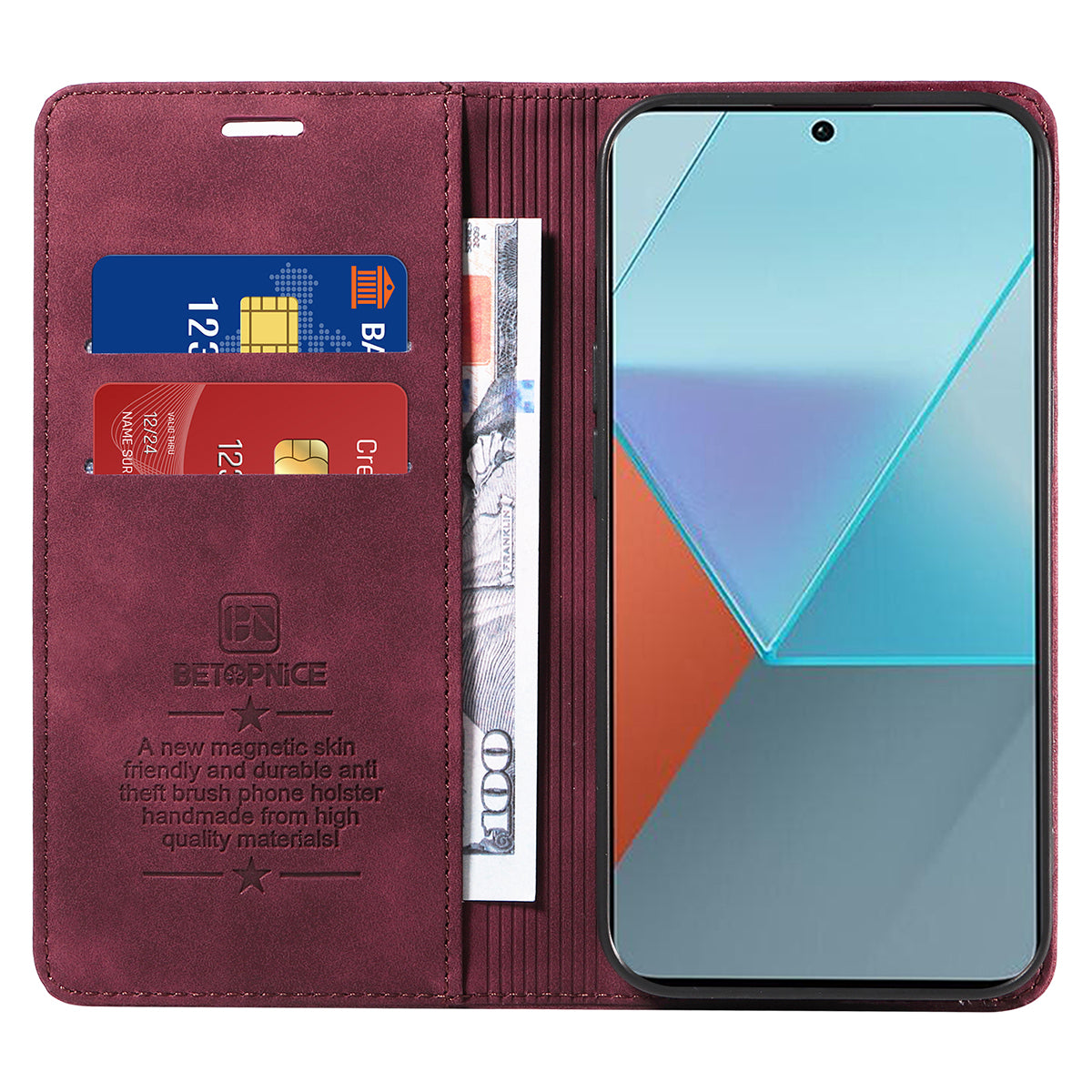 BETOPNICE 003 for Xiaomi Redmi Note 13 Pro 5G Case RFID Blocking Leather Cover with Card Holder - Red