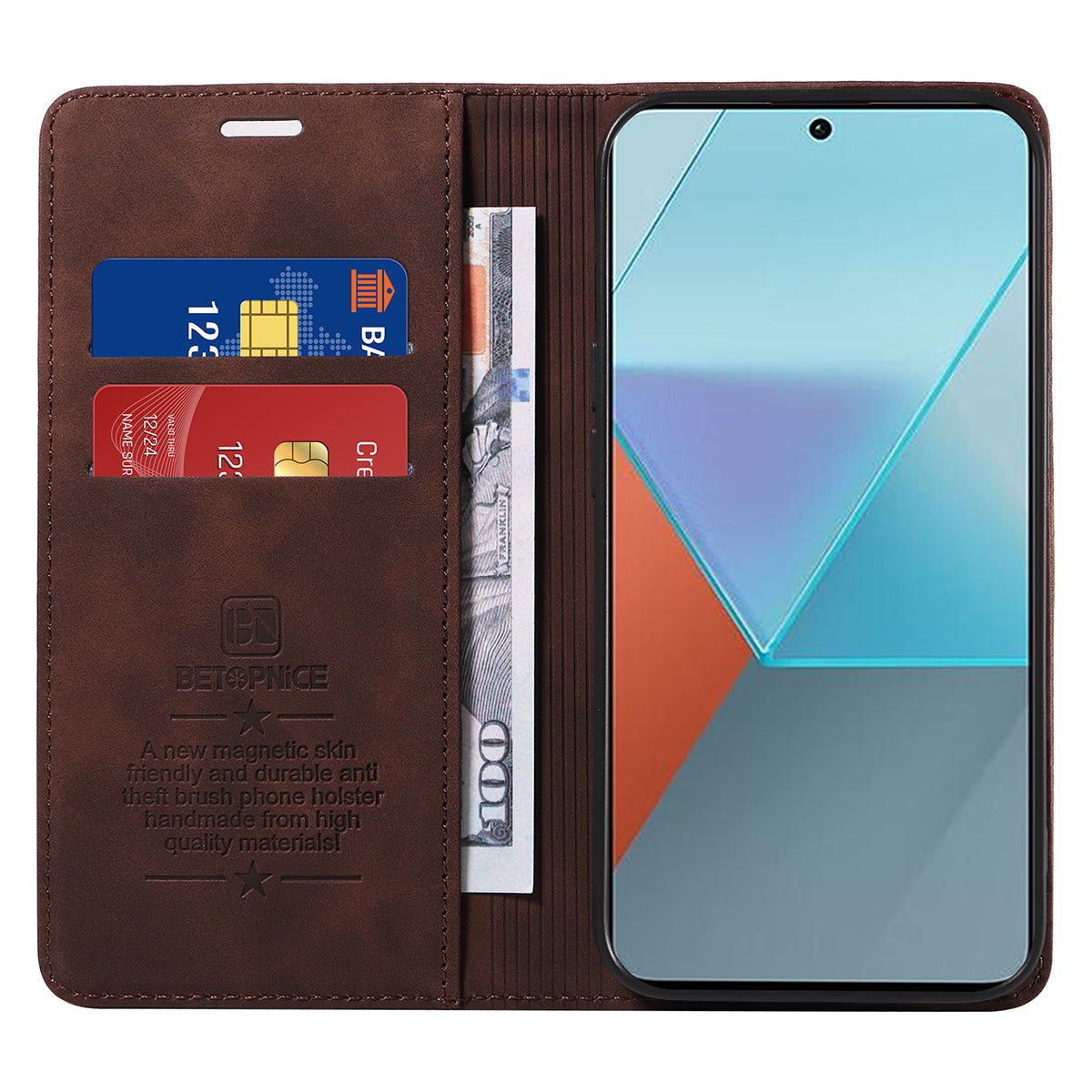 BETOPNICE 003 for Xiaomi Redmi Note 13 Pro 5G Case RFID Blocking Leather Cover with Card Holder - Brown