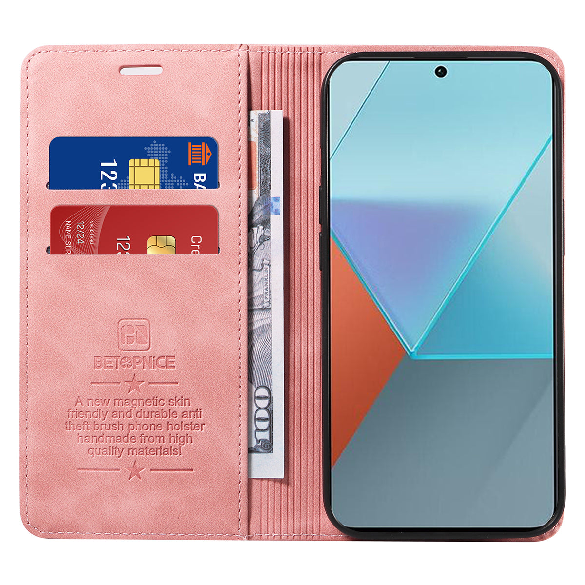 BETOPNICE 003 for Xiaomi Redmi Note 13 Pro 5G Case RFID Blocking Leather Cover with Card Holder - Pink