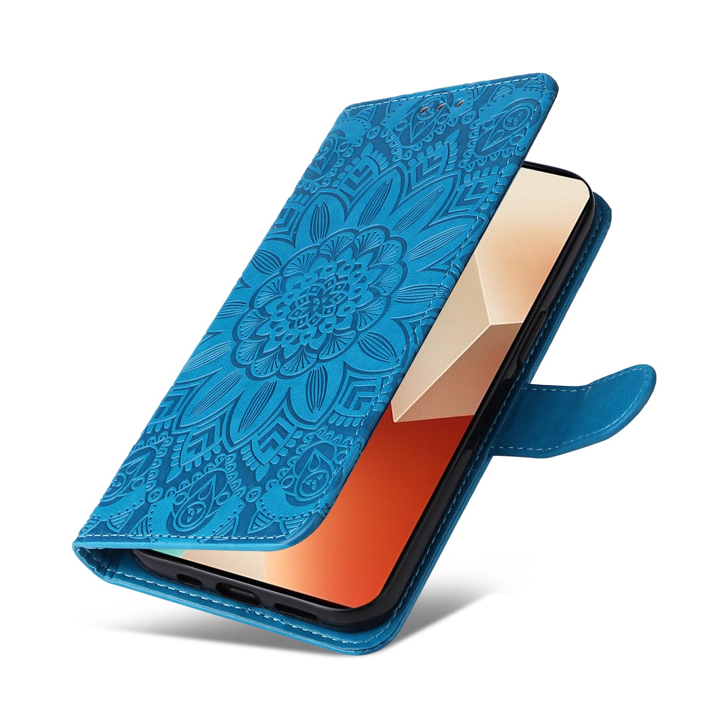 For Xiaomi Redmi Note 13 5G Case Sunflower Pattern Leather Phone Wallet Stand Cover - Blue