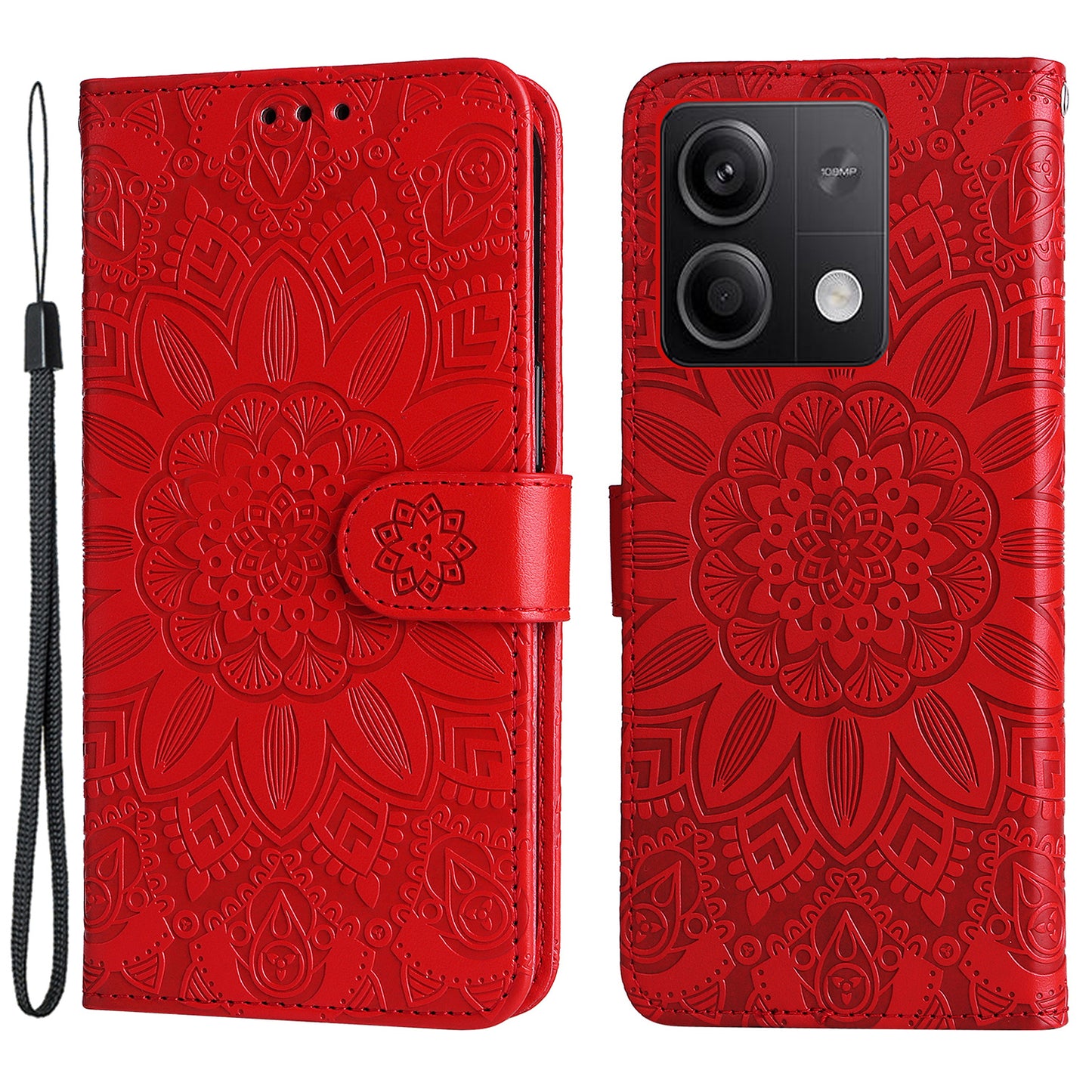 For Xiaomi Redmi Note 13 5G Case Sunflower Pattern Leather Phone Wallet Stand Cover - Red