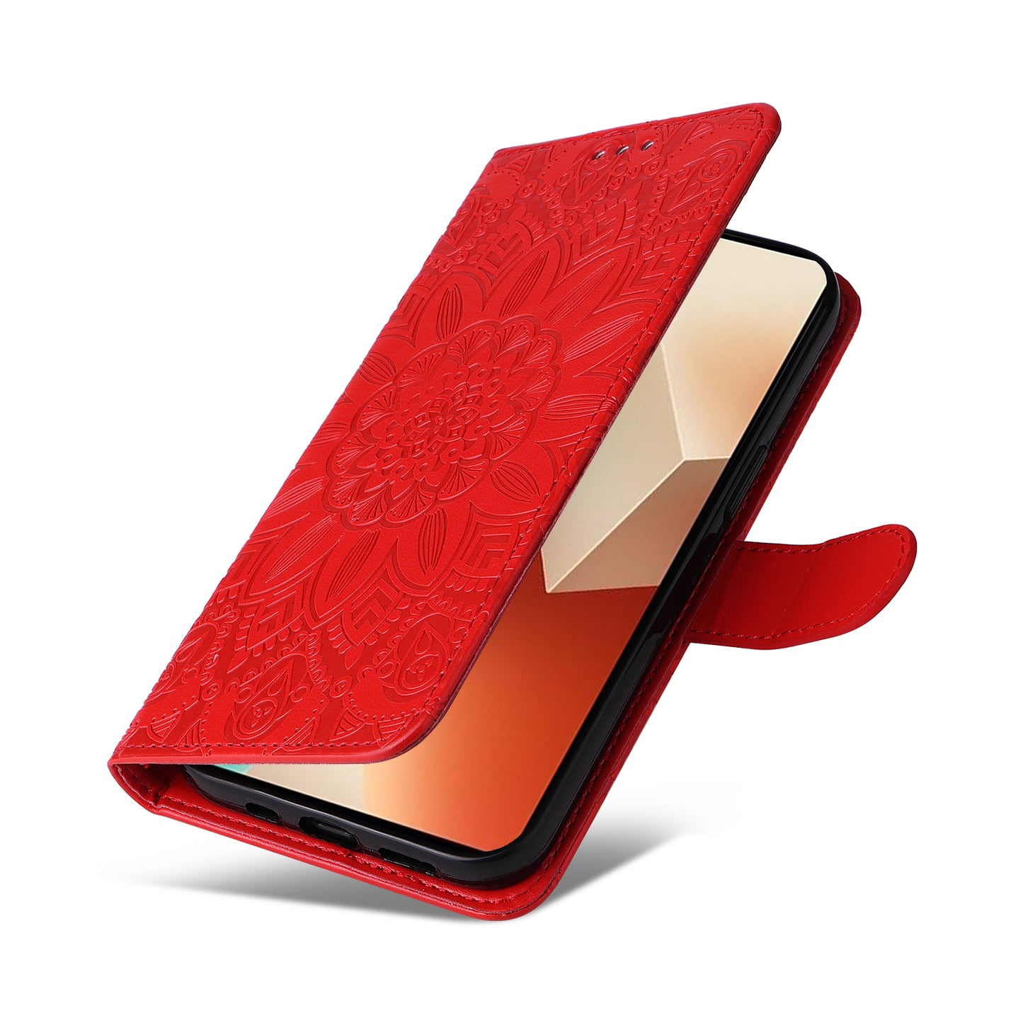 For Xiaomi Redmi Note 13 5G Case Sunflower Pattern Leather Phone Wallet Stand Cover - Red