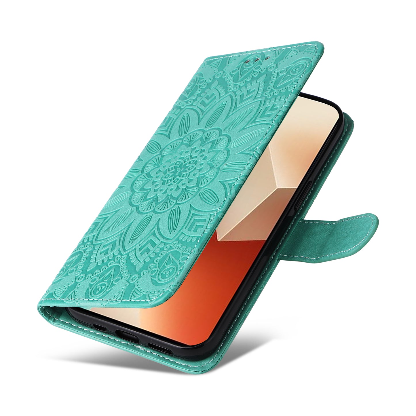 For Xiaomi Redmi Note 13 5G Case Sunflower Pattern Leather Phone Wallet Stand Cover - Green