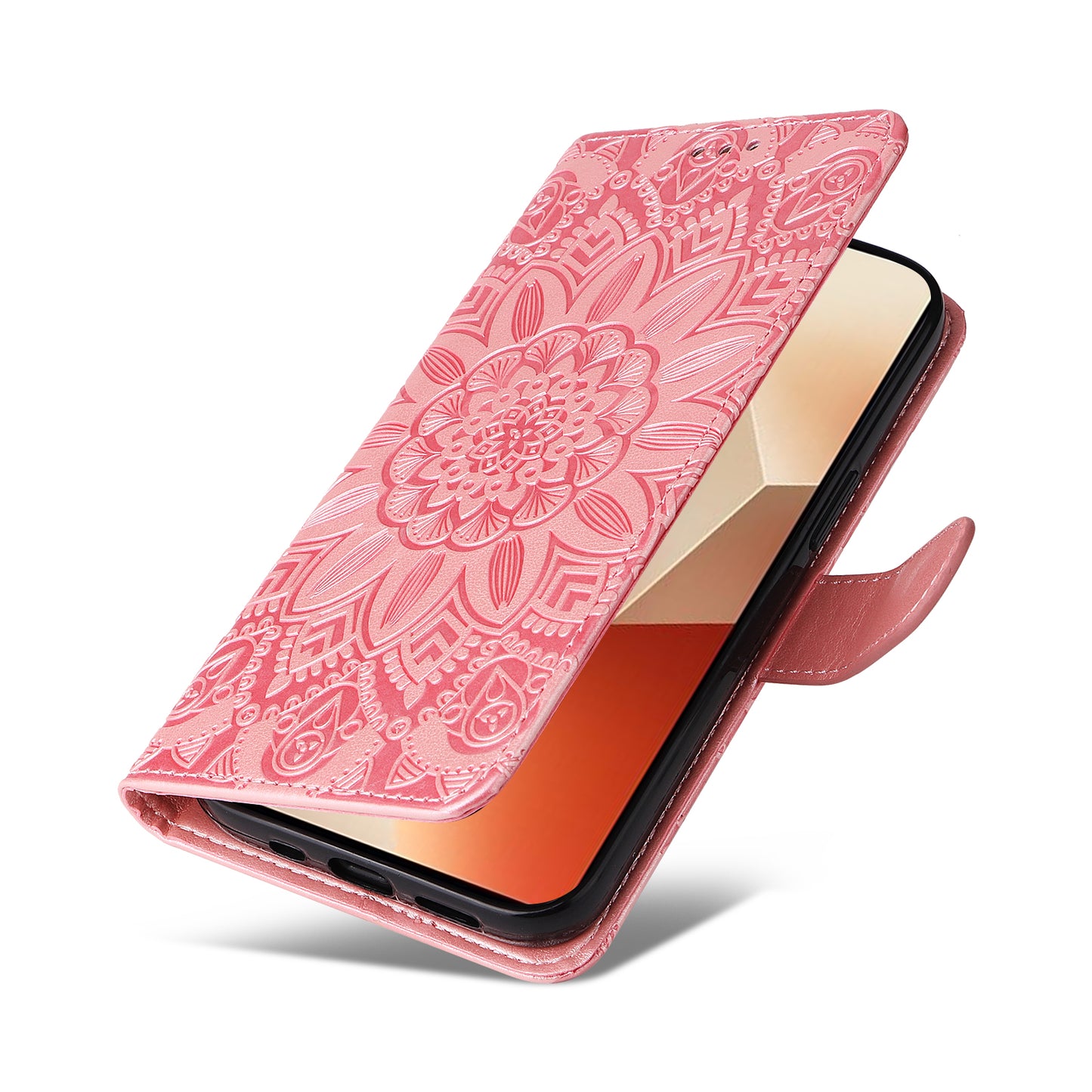 For Xiaomi Redmi Note 13 5G Case Sunflower Pattern Leather Phone Wallet Stand Cover - Pink