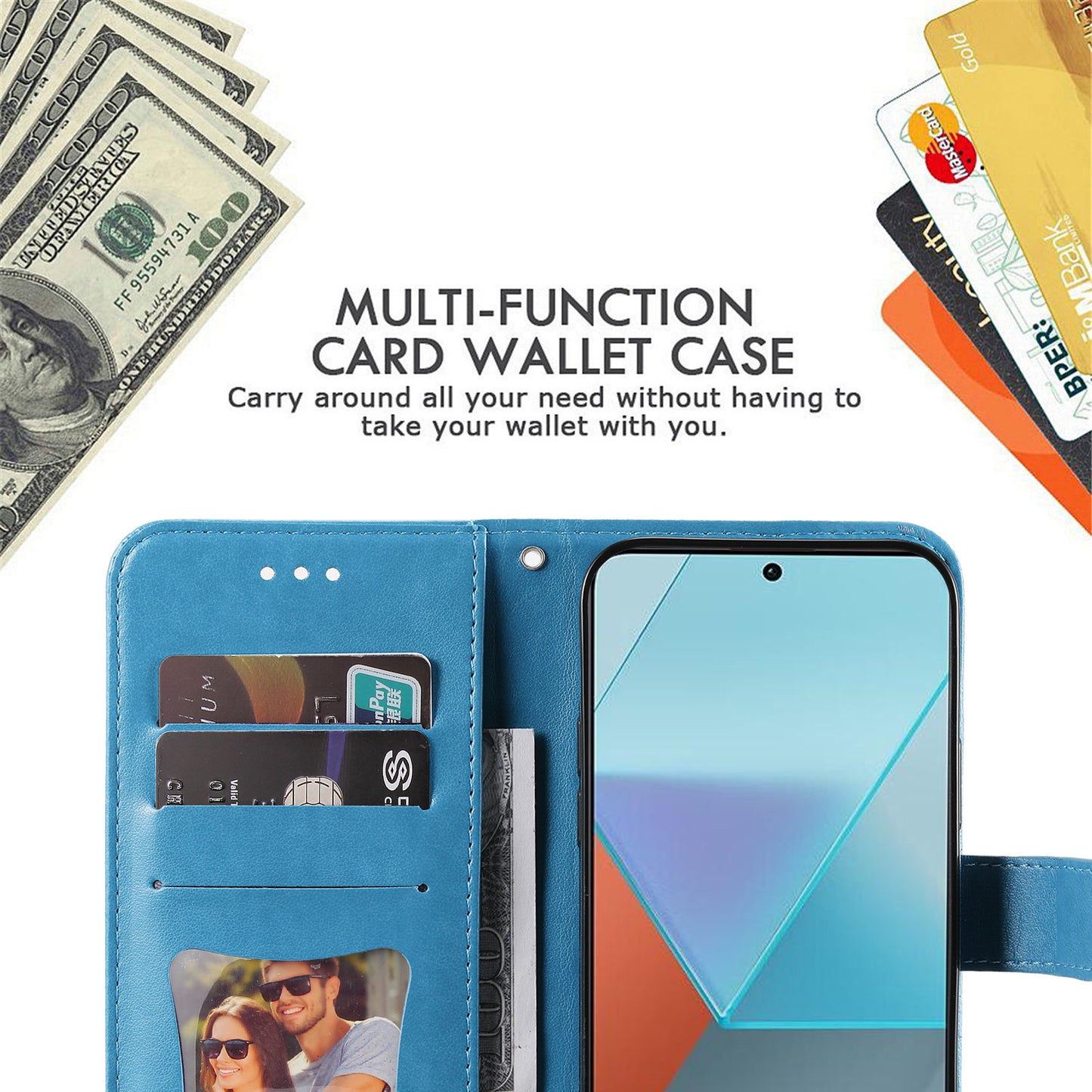 For Xiaomi Redmi Note 13 Pro 5G / Poco X6 5G Wallet Case with Strap Blossoming Flower Leather Stand Cover - Blue