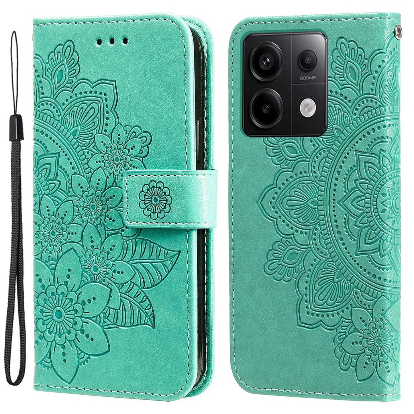 For Xiaomi Redmi Note 13 Pro 5G / Poco X6 5G Wallet Case with Strap Blossoming Flower Leather Stand Cover - Green