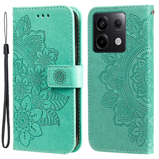 For Xiaomi Redmi Note 13 Pro 5G / Poco X6 5G Wallet Case with Strap Blossoming Flower Leather Stand Cover - Green