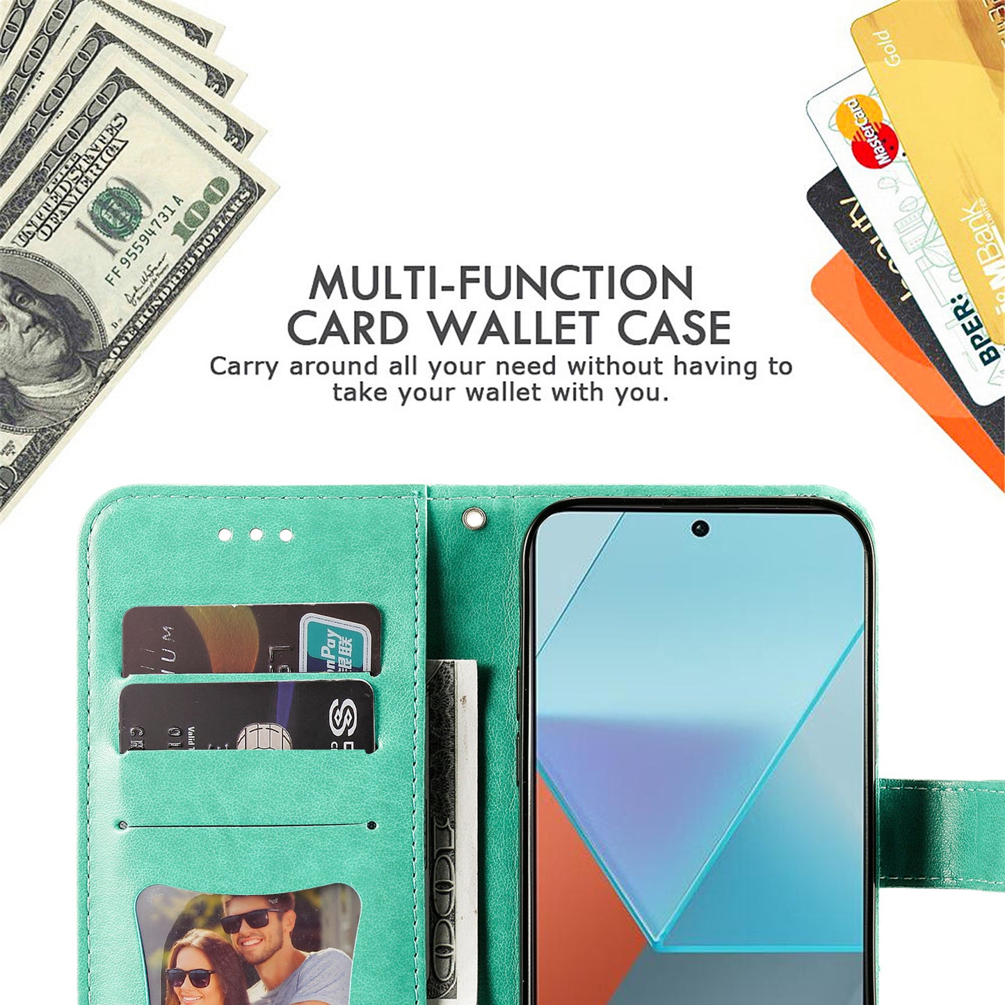 For Xiaomi Redmi Note 13 Pro 5G / Poco X6 5G Wallet Case with Strap Blossoming Flower Leather Stand Cover - Green