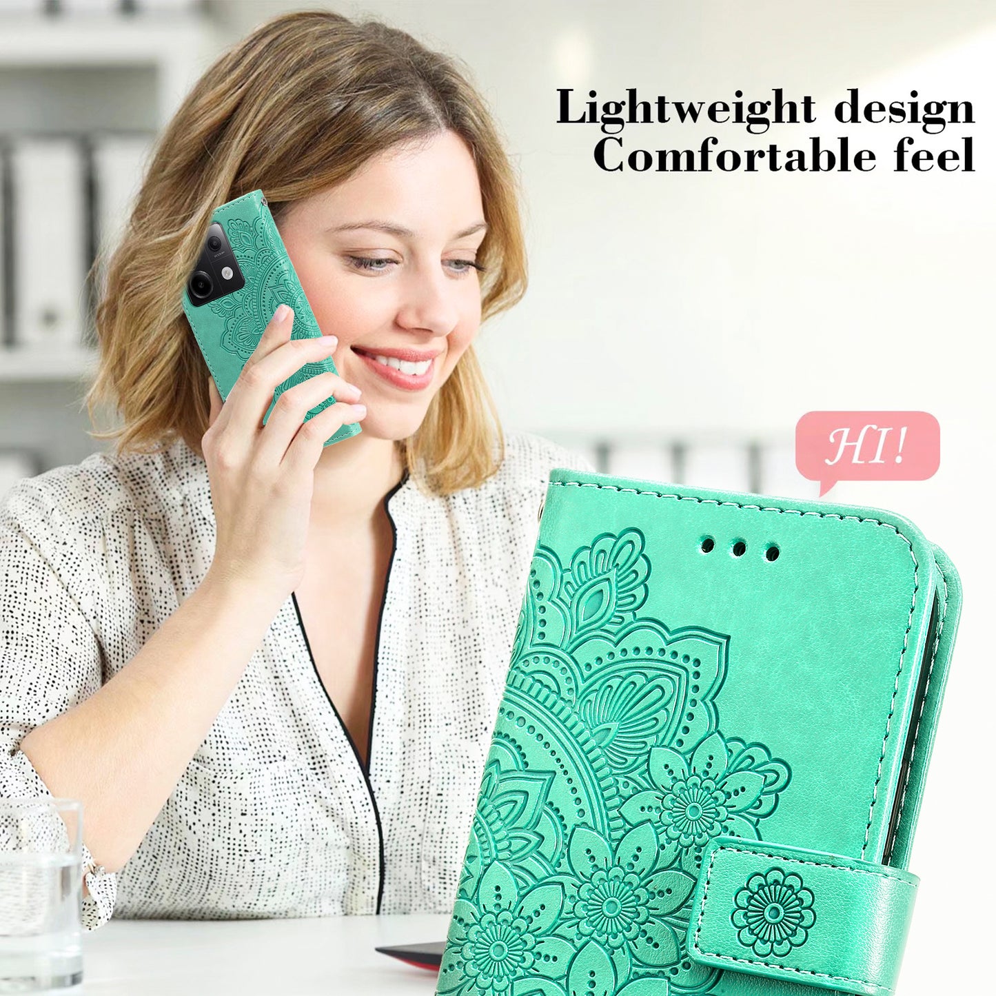 For Xiaomi Redmi Note 13 Pro 5G / Poco X6 5G Wallet Case with Strap Blossoming Flower Leather Stand Cover - Green