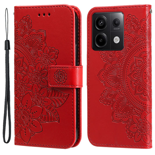 For Xiaomi Redmi Note 13 Pro 5G / Poco X6 5G Wallet Case with Strap Blossoming Flower Leather Stand Cover - Red