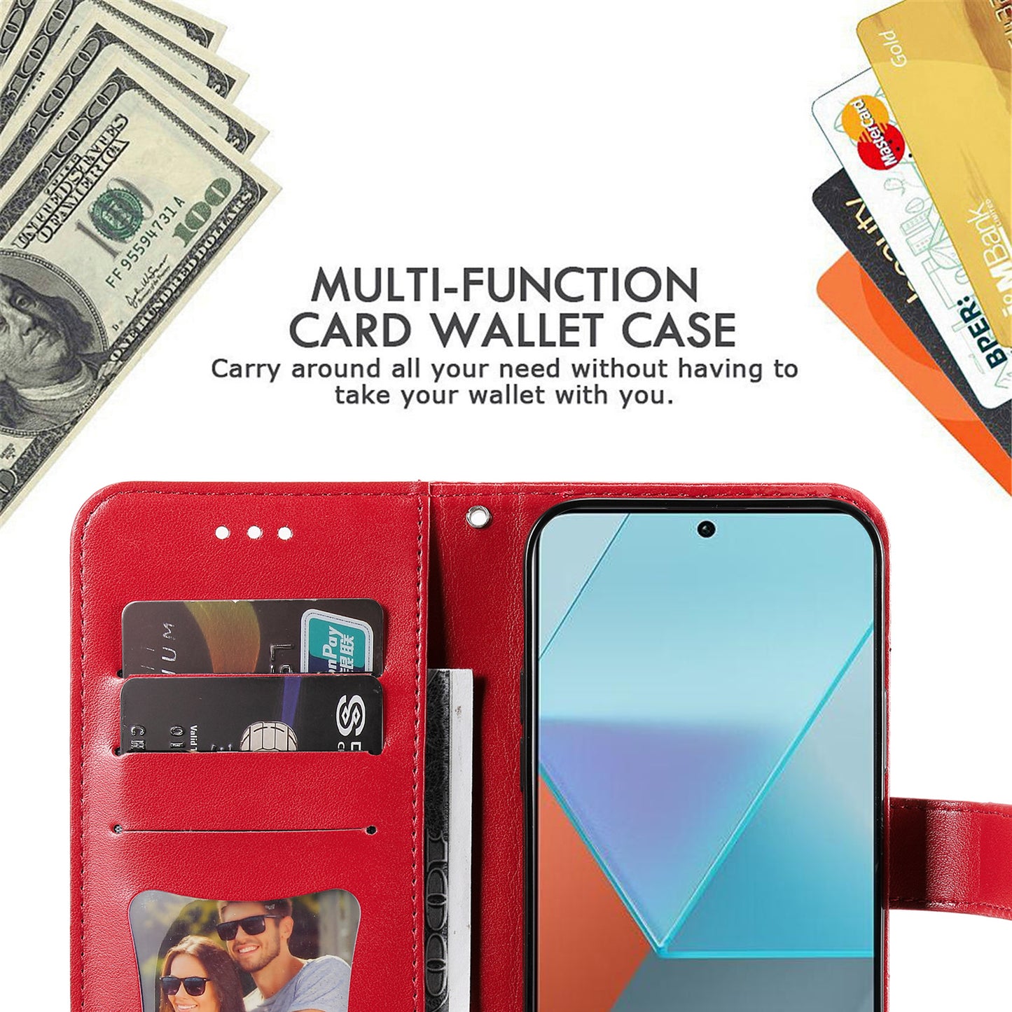 For Xiaomi Redmi Note 13 Pro 5G / Poco X6 5G Wallet Case with Strap Blossoming Flower Leather Stand Cover - Red