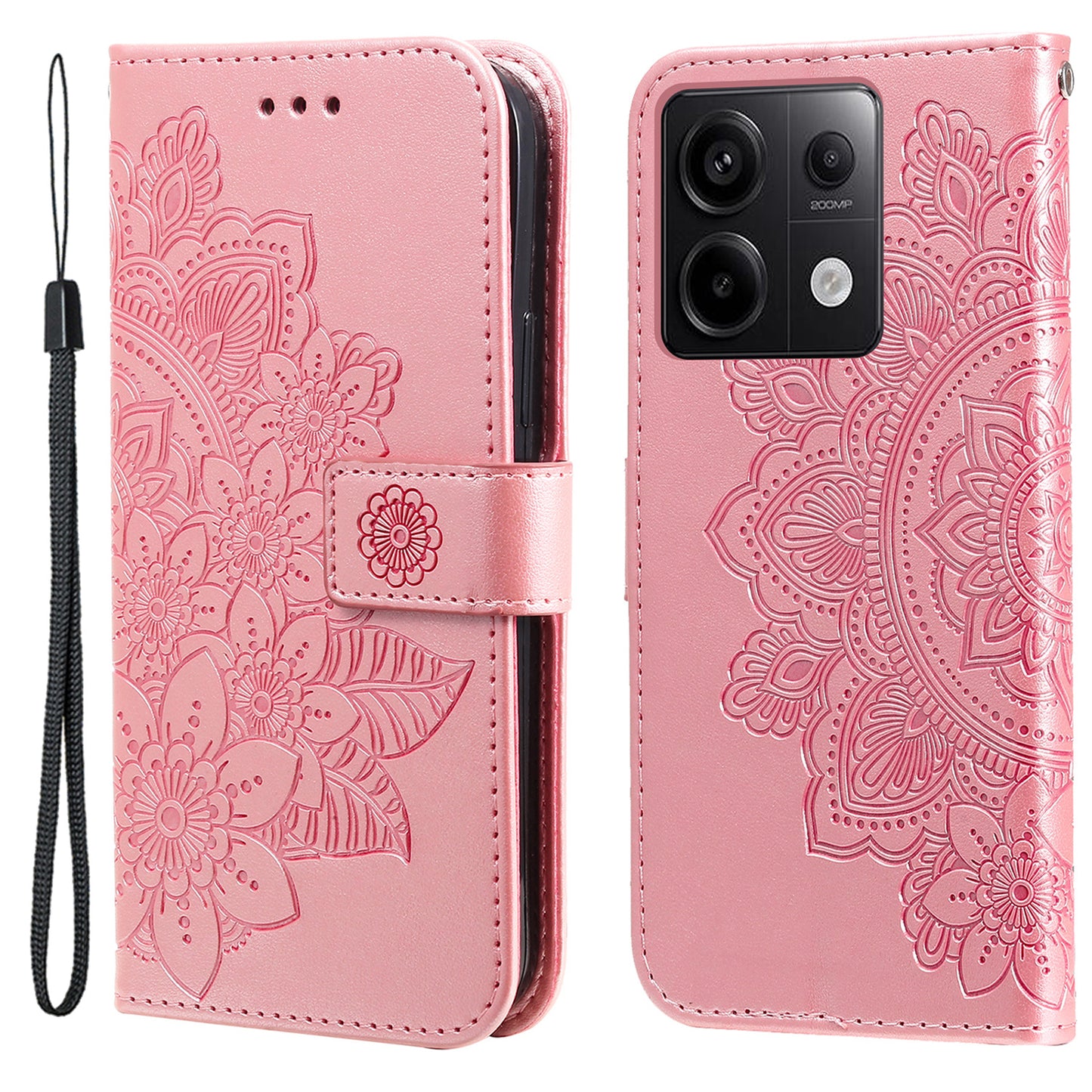 For Xiaomi Redmi Note 13 Pro 5G / Poco X6 5G Wallet Case with Strap Blossoming Flower Leather Stand Cover - Pink
