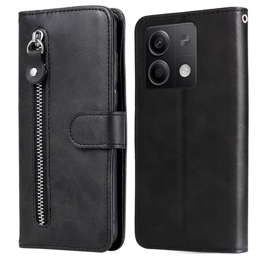 For Xiaomi Redmi Note 13 5G Leather Case Zipper Wallet Calf Texture Phone Stand Cover - Black