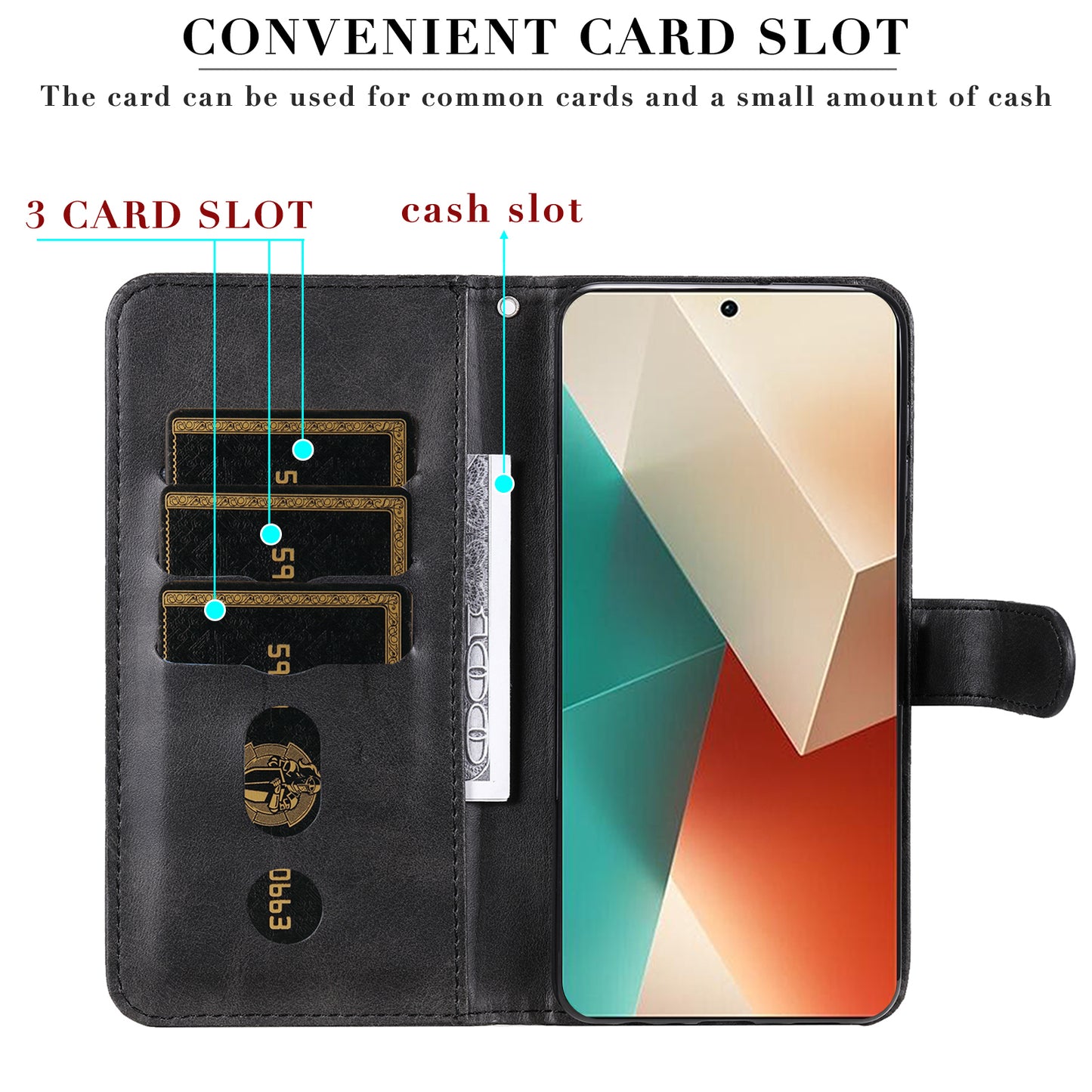 For Xiaomi Redmi Note 13 5G Leather Case Zipper Wallet Calf Texture Phone Stand Cover - Black