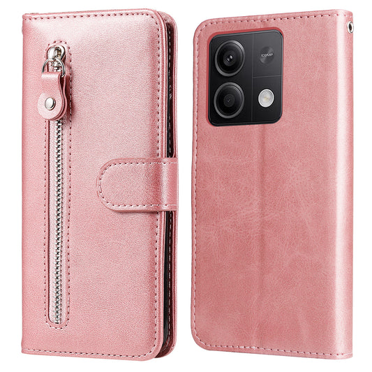 For Xiaomi Redmi Note 13 5G Leather Case Zipper Wallet Calf Texture Phone Stand Cover - Pink