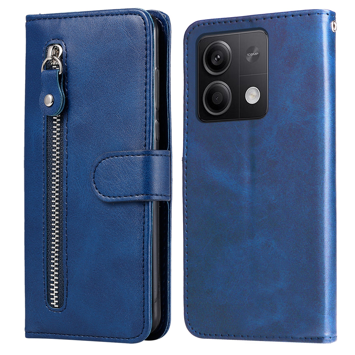 For Xiaomi Redmi Note 13 5G Leather Case Zipper Wallet Calf Texture Phone Stand Cover - Blue