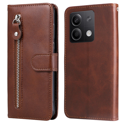For Xiaomi Redmi Note 13 5G Leather Case Zipper Wallet Calf Texture Phone Stand Cover - Brown