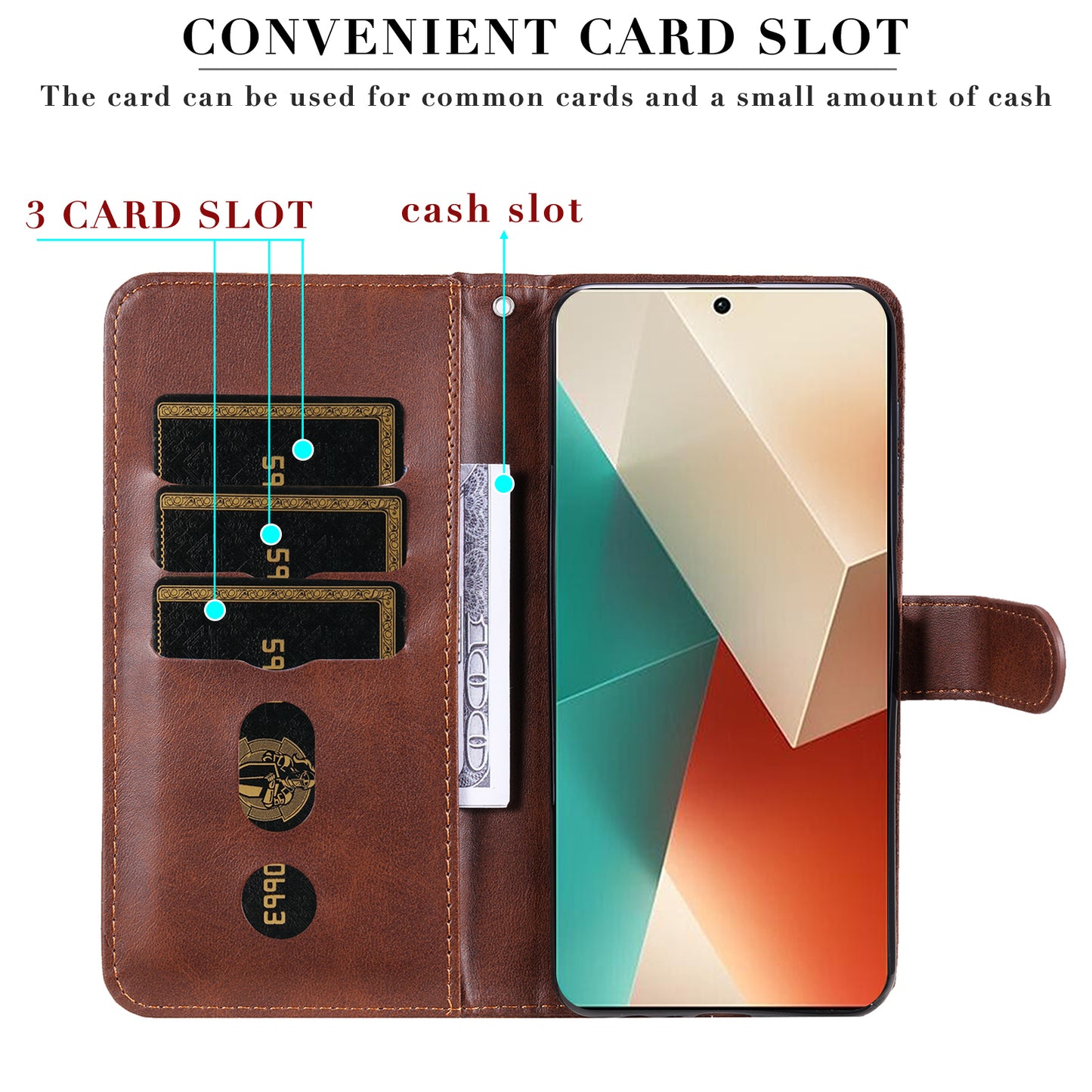 For Xiaomi Redmi Note 13 5G Leather Case Zipper Wallet Calf Texture Phone Stand Cover - Brown