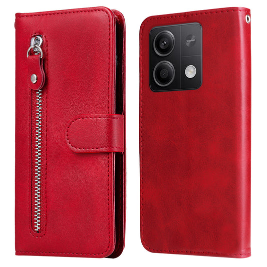 For Xiaomi Redmi Note 13 5G Leather Case Zipper Wallet Calf Texture Phone Stand Cover - Red