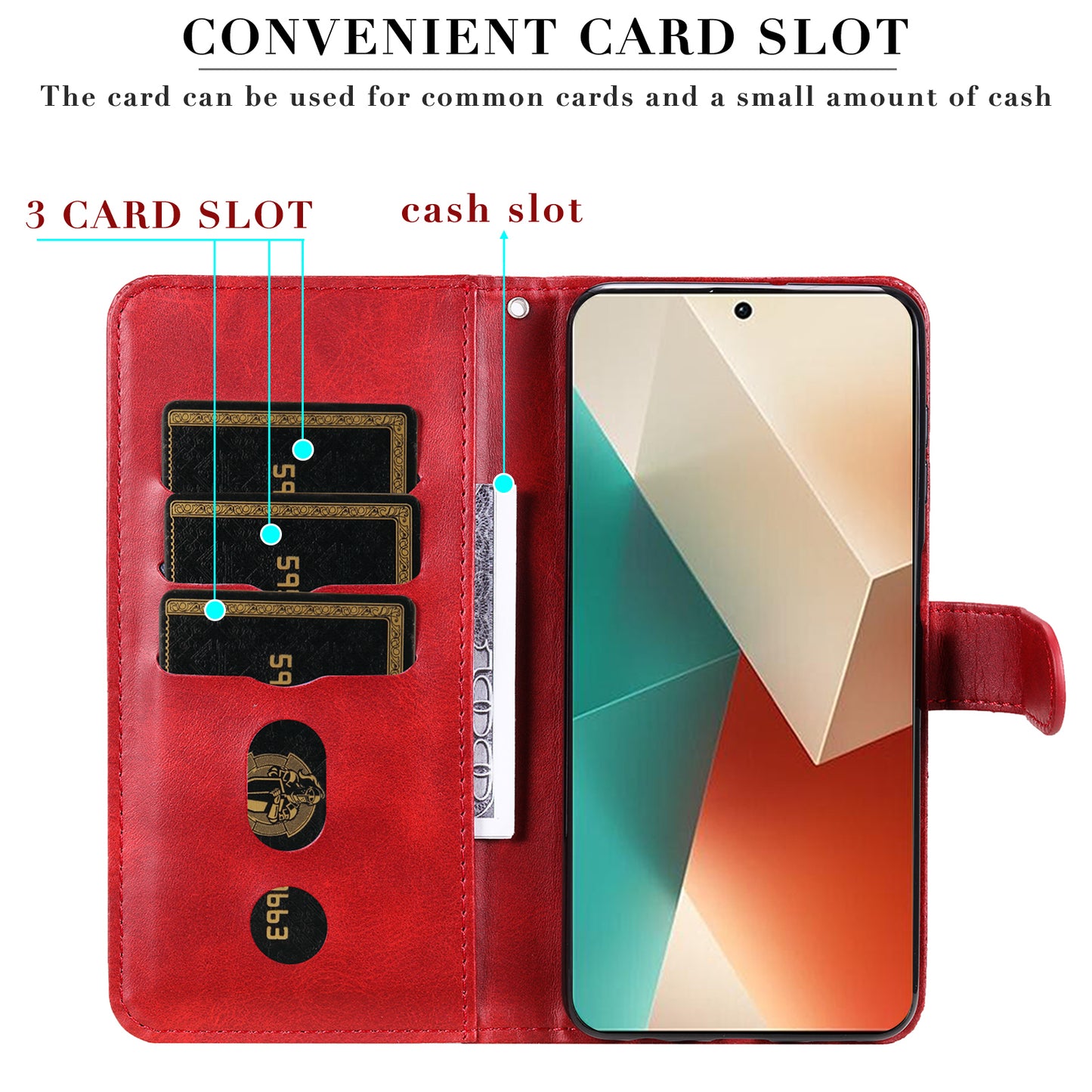 For Xiaomi Redmi Note 13 5G Leather Case Zipper Wallet Calf Texture Phone Stand Cover - Red