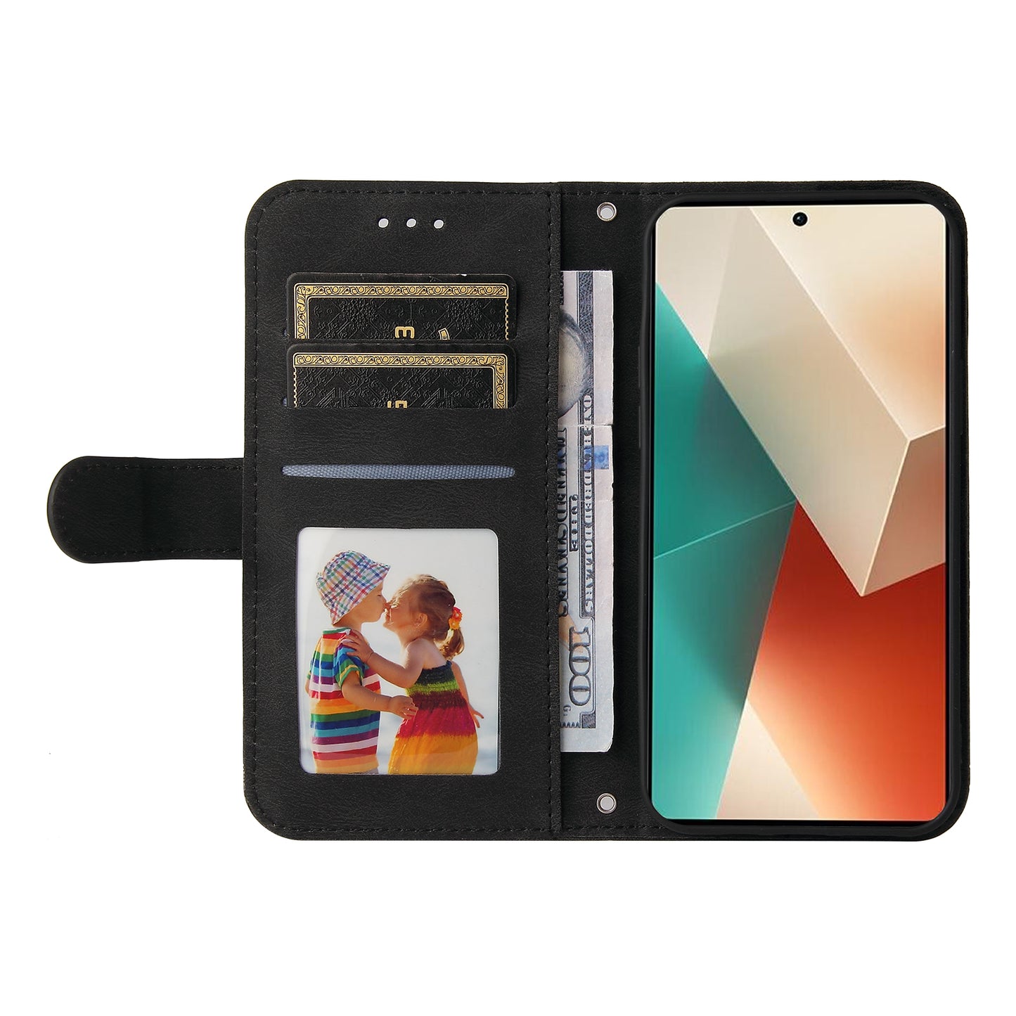 For Xiaomi Redmi Note 13 5G Case Skin-Feel Leather Phone Wallet Stand Cover - Black