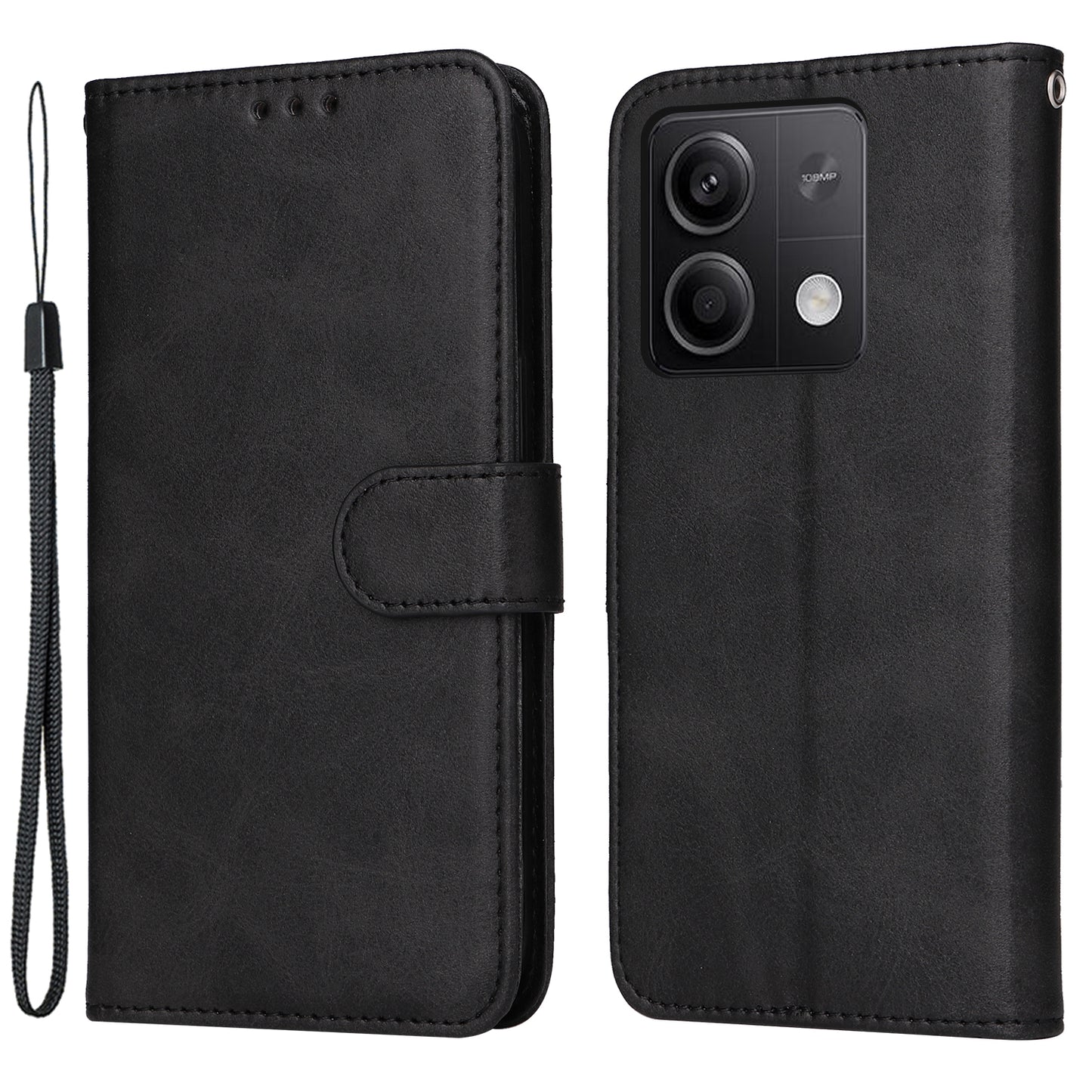 For Xiaomi Redmi Note 13 5G Case Stand Leather Phone Cover Wallet with Strap - Black