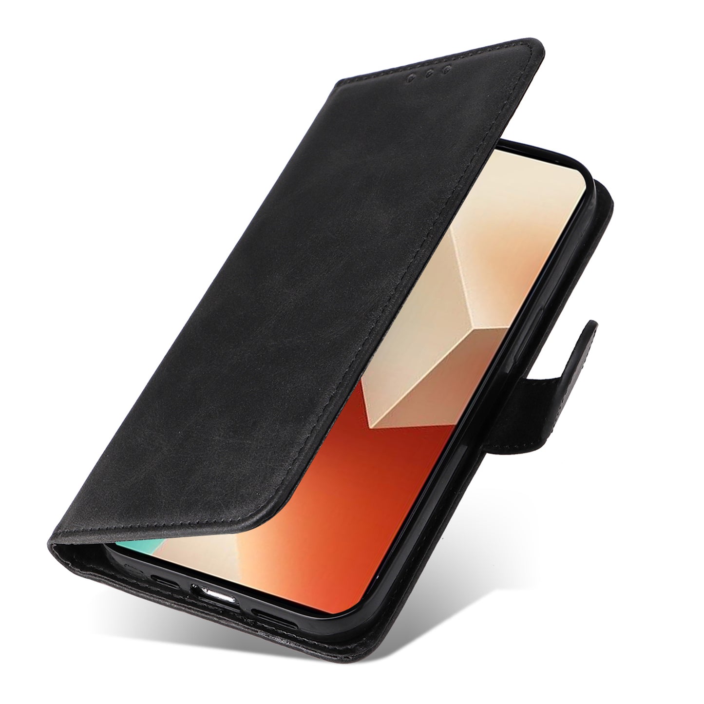 For Xiaomi Redmi Note 13 5G Case Stand Leather Phone Cover Wallet with Strap - Black