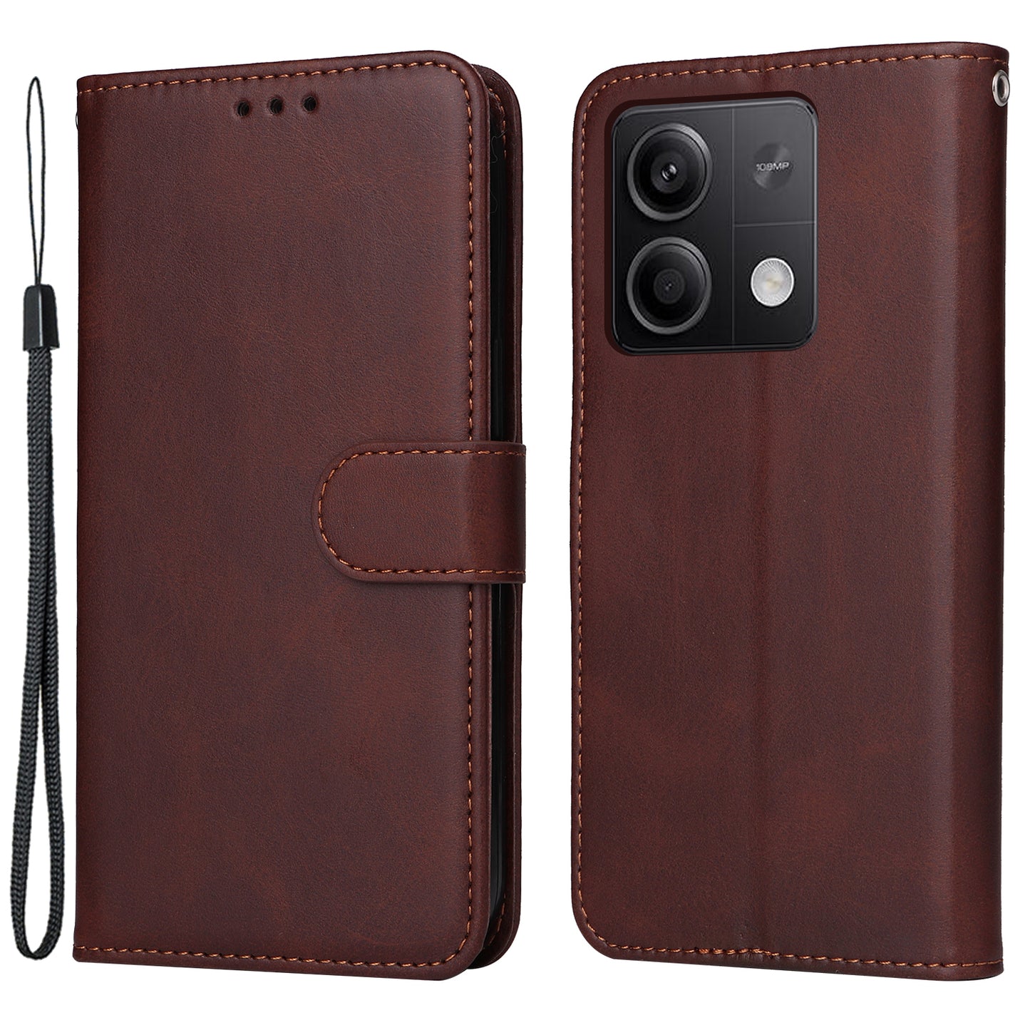 For Xiaomi Redmi Note 13 5G Case Stand Leather Phone Cover Wallet with Strap - Brown