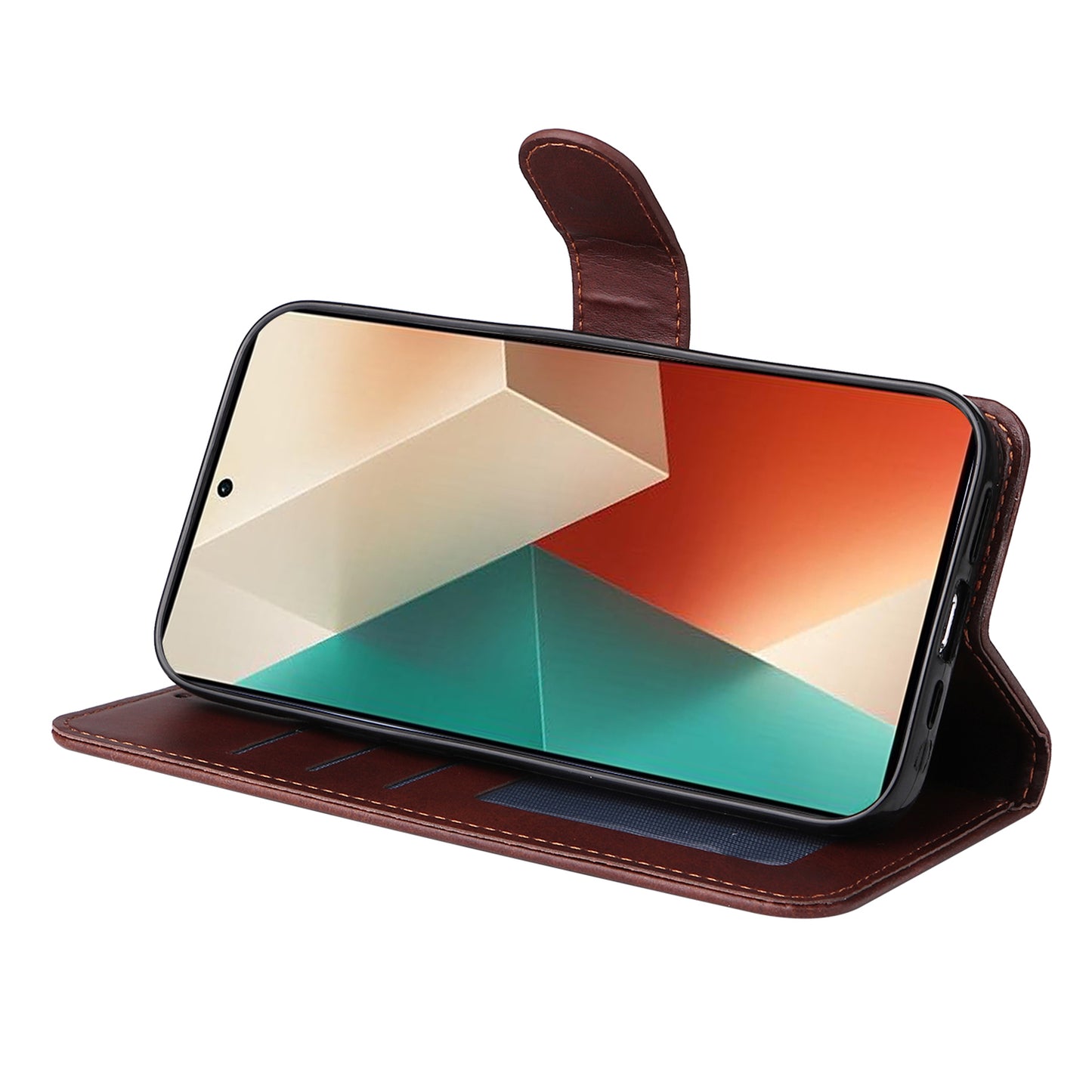 For Xiaomi Redmi Note 13 5G Case Stand Leather Phone Cover Wallet with Strap - Brown
