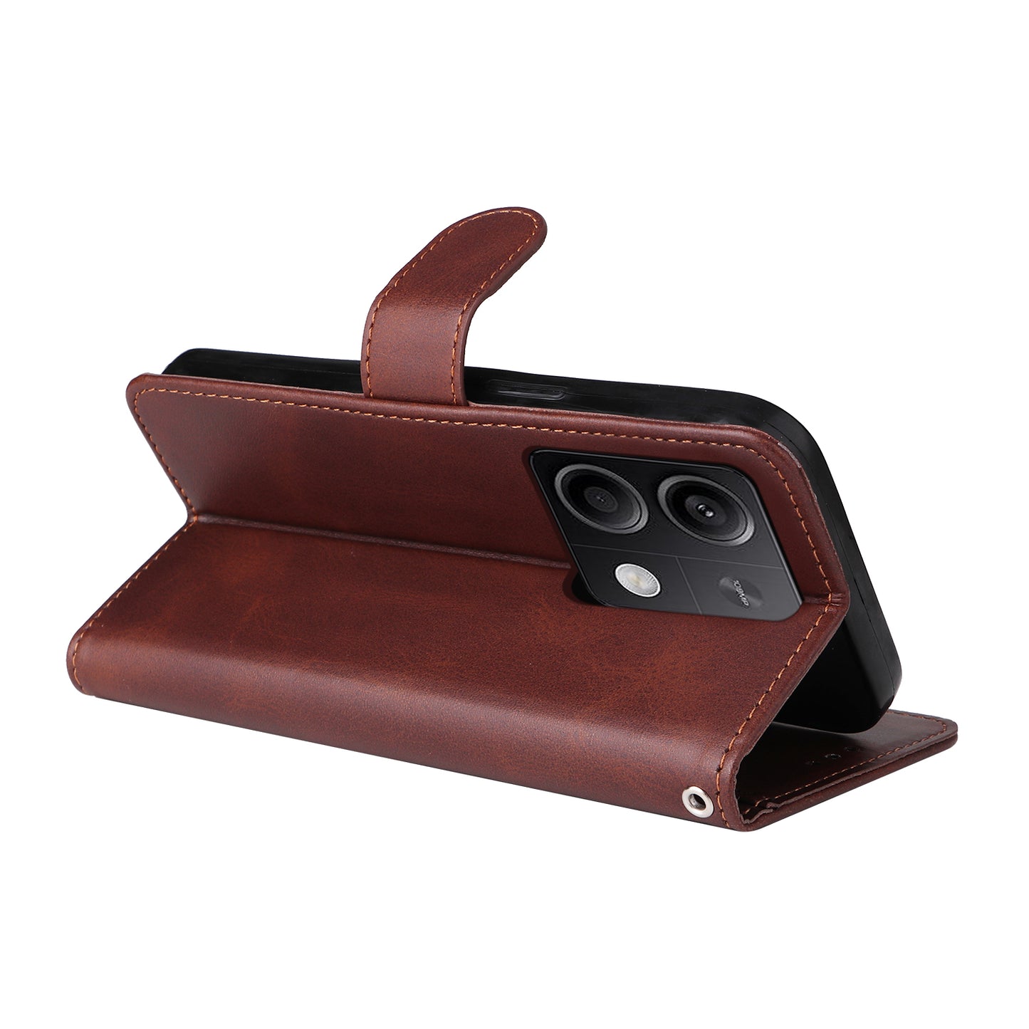For Xiaomi Redmi Note 13 5G Case Stand Leather Phone Cover Wallet with Strap - Brown