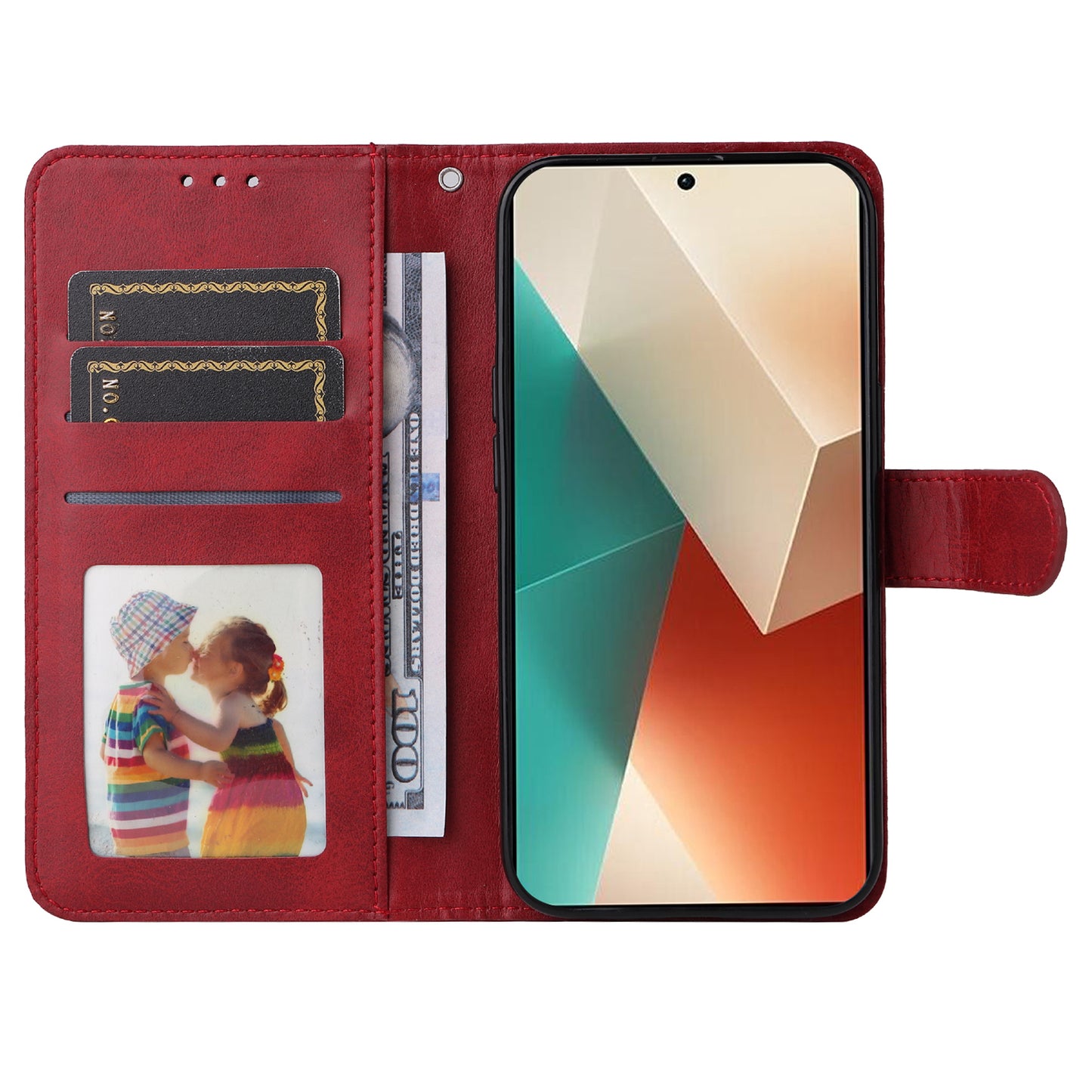 For Xiaomi Redmi Note 13 5G Case Stand Leather Phone Cover Wallet with Strap - Red