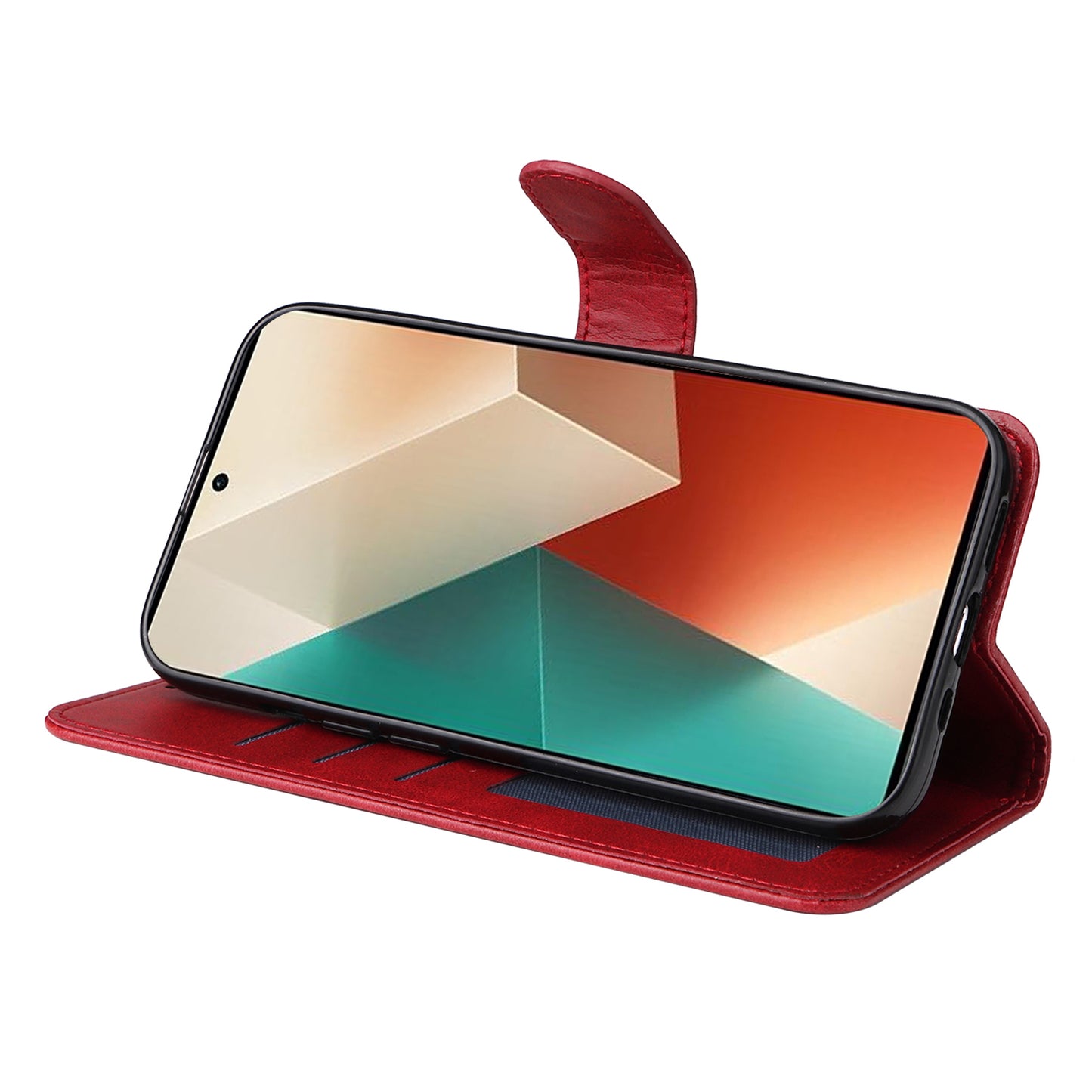 For Xiaomi Redmi Note 13 5G Case Stand Leather Phone Cover Wallet with Strap - Red