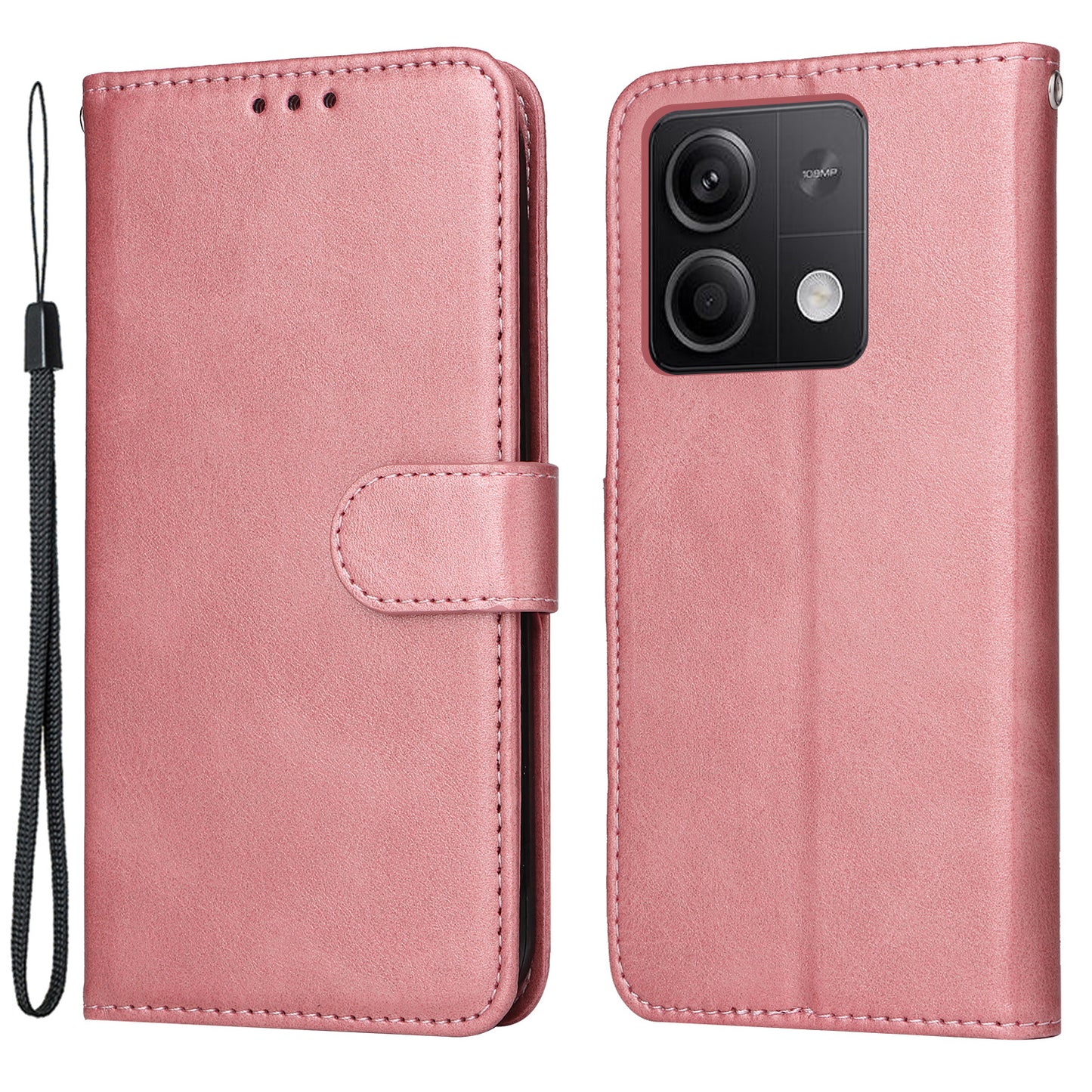 For Xiaomi Redmi Note 13 5G Case Stand Leather Phone Cover Wallet with Strap - Pink